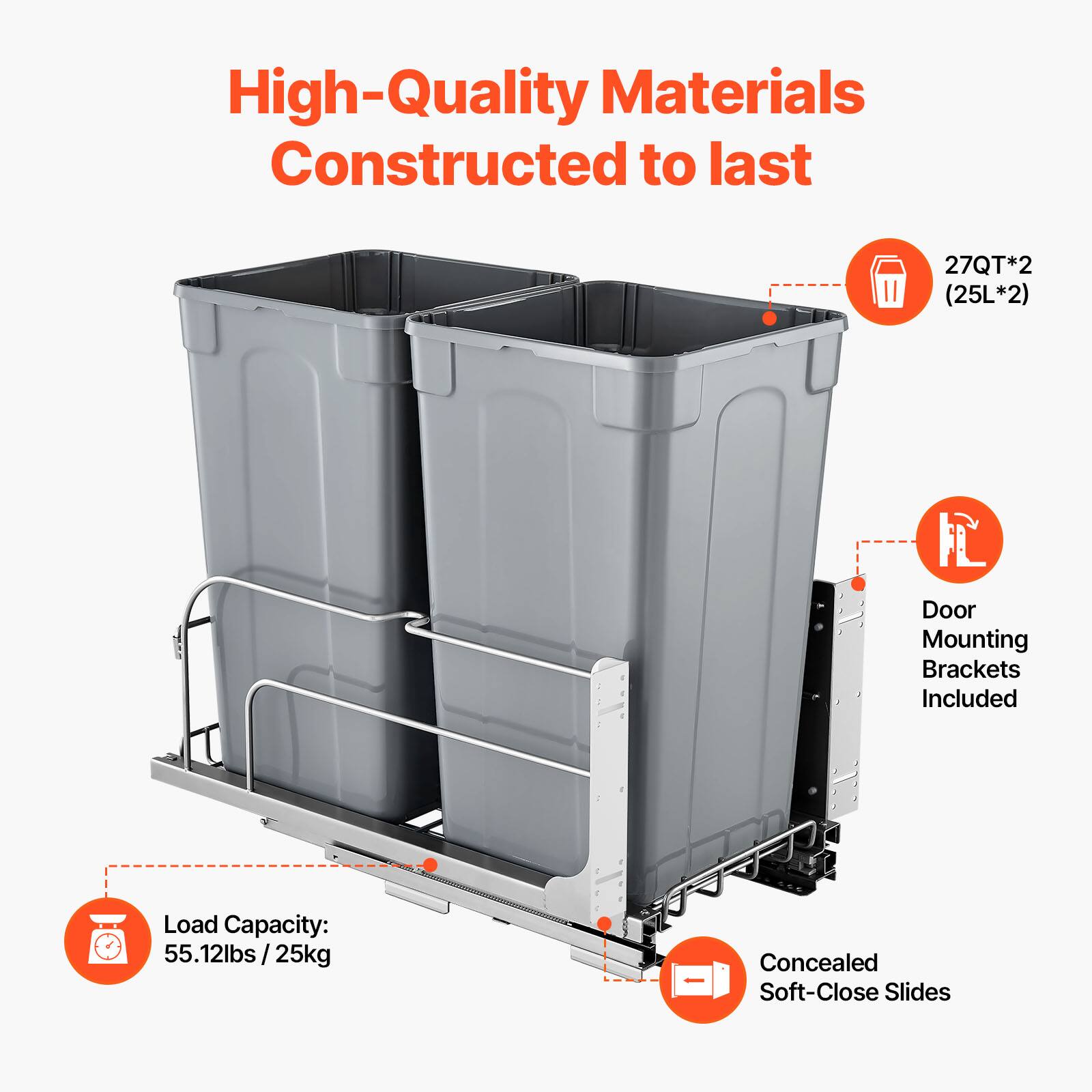 High-Quality Materials Constructed to last

- 27QT*2 (25L*2)
- Door Mounting Brackets Included
- Load Capacity: 55.12lbs / 25kg
- Concealed Soft-Close Slides