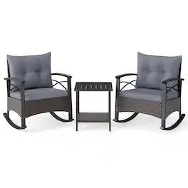 Ecooso - 3-Piece PE Rattan Rocking Bistro Set with Wood Top Table - Gray