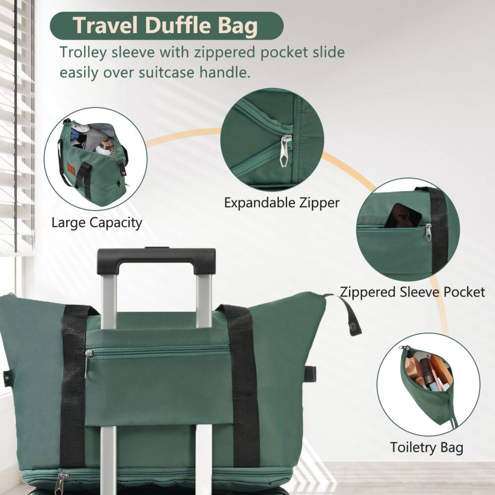 Travel Duffle Bag

Trolley sleeve with zippered pocket slide easily over suitcase handle.

- Large Capacity
- Expandable Zipper
- Zippered Sleeve Pocket
- Toiletry Bag