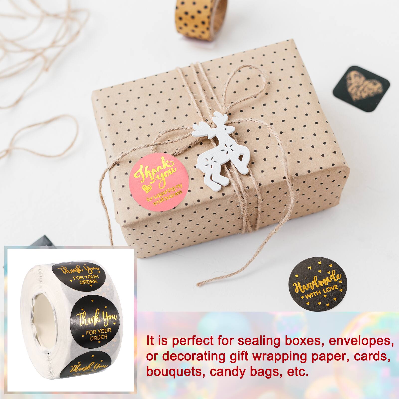 Thanks you for supporting my small business. Thank you for your order. Thank you for your order. It is perfect for sealing boxes, envelopes, or decorating gift wrapping paper, cards, bouquets, candy bags, etc.