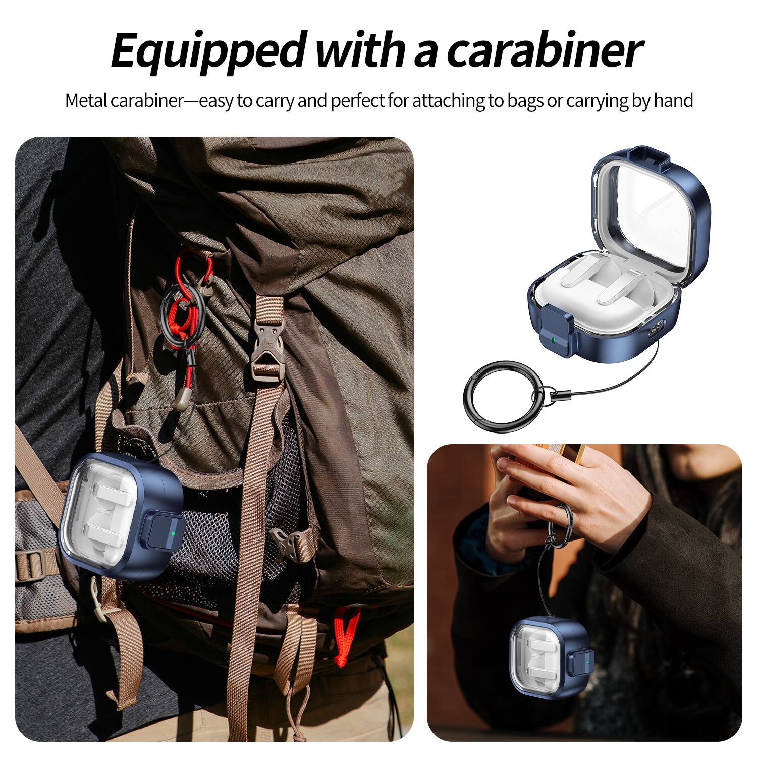 Equipped with a carabiner  
Metal carabiner—easy to carry and perfect for attaching to bags or carrying by hand