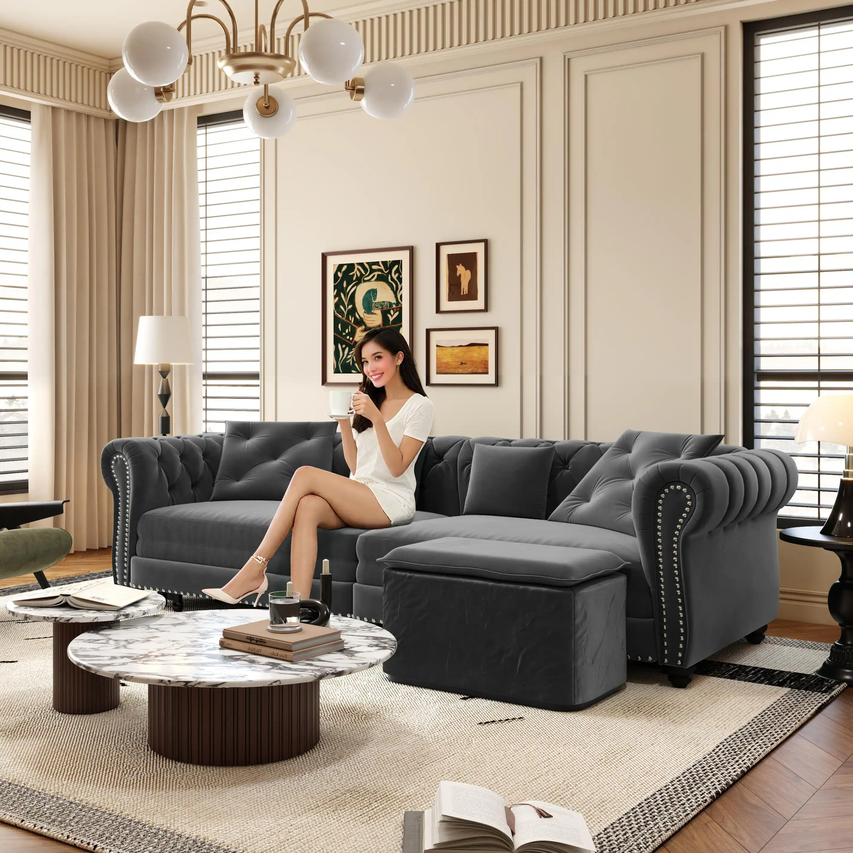 Left. Anysun - 89" 3-in-1 Velvet Chesterfield Pull-Out Sofa Bed - King Size Sleeper, Movable Ottoman, Tufted Design - Gray.