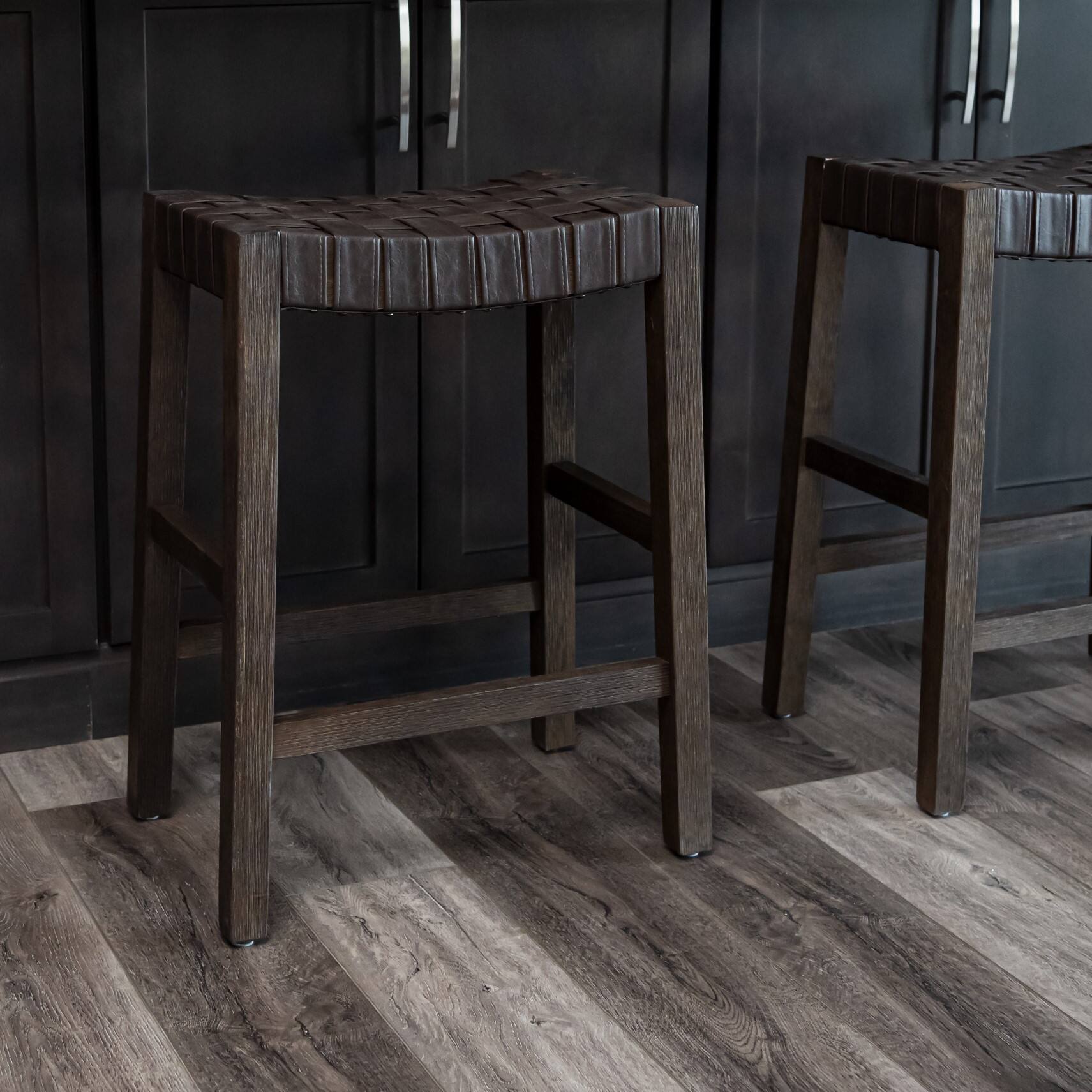 Angle. Maven Lane - 26" Emerson Counter Stool In Weathered Brown Wood Finish With  Vegan Leather - Weathered Brown.