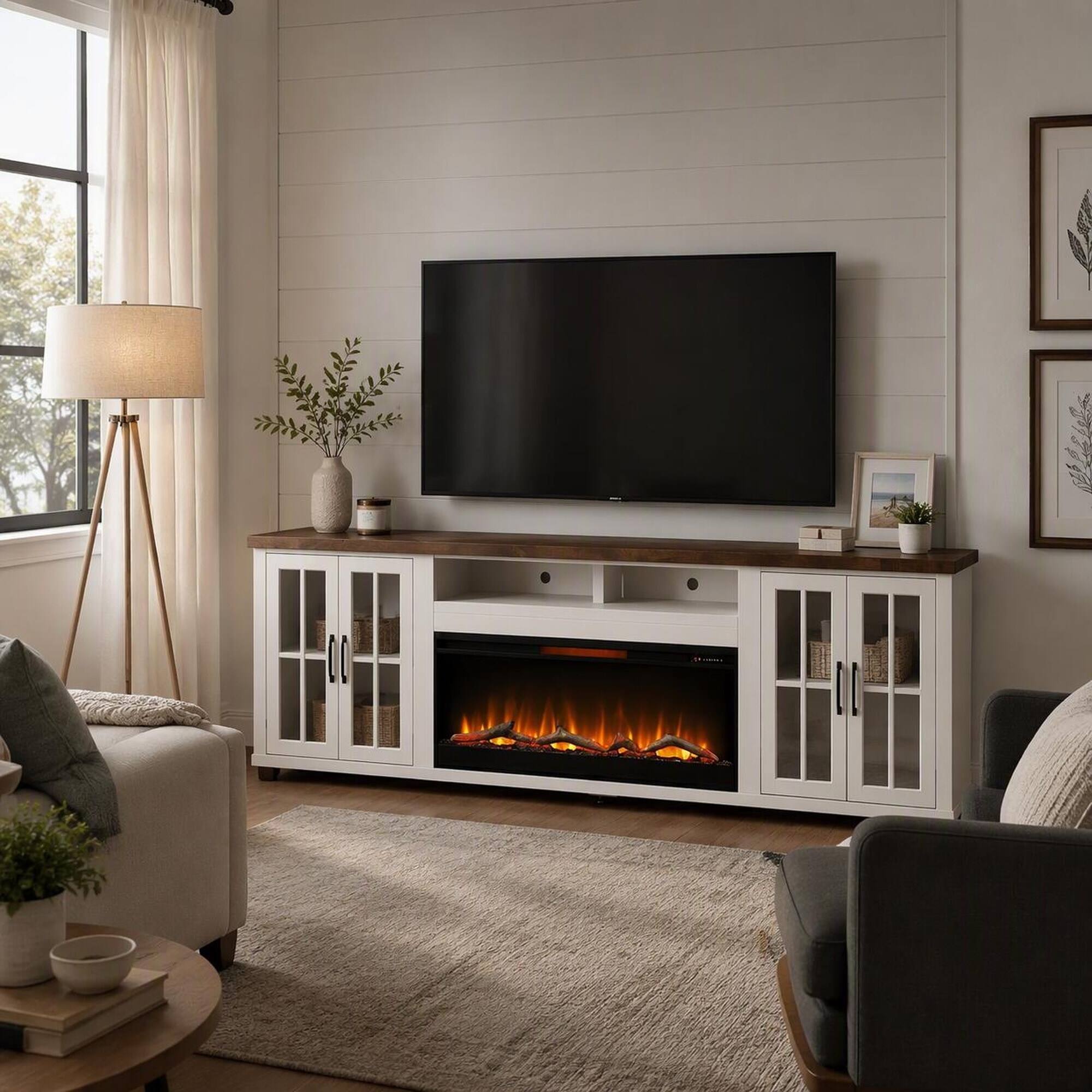 Angle. RYHNUYNE - 97 Inch Farmhouse Fireplace TV Stand With 42 Inch Electric Fireplace, Wood Glass Media Console Fits 100 Inch TVs - White.