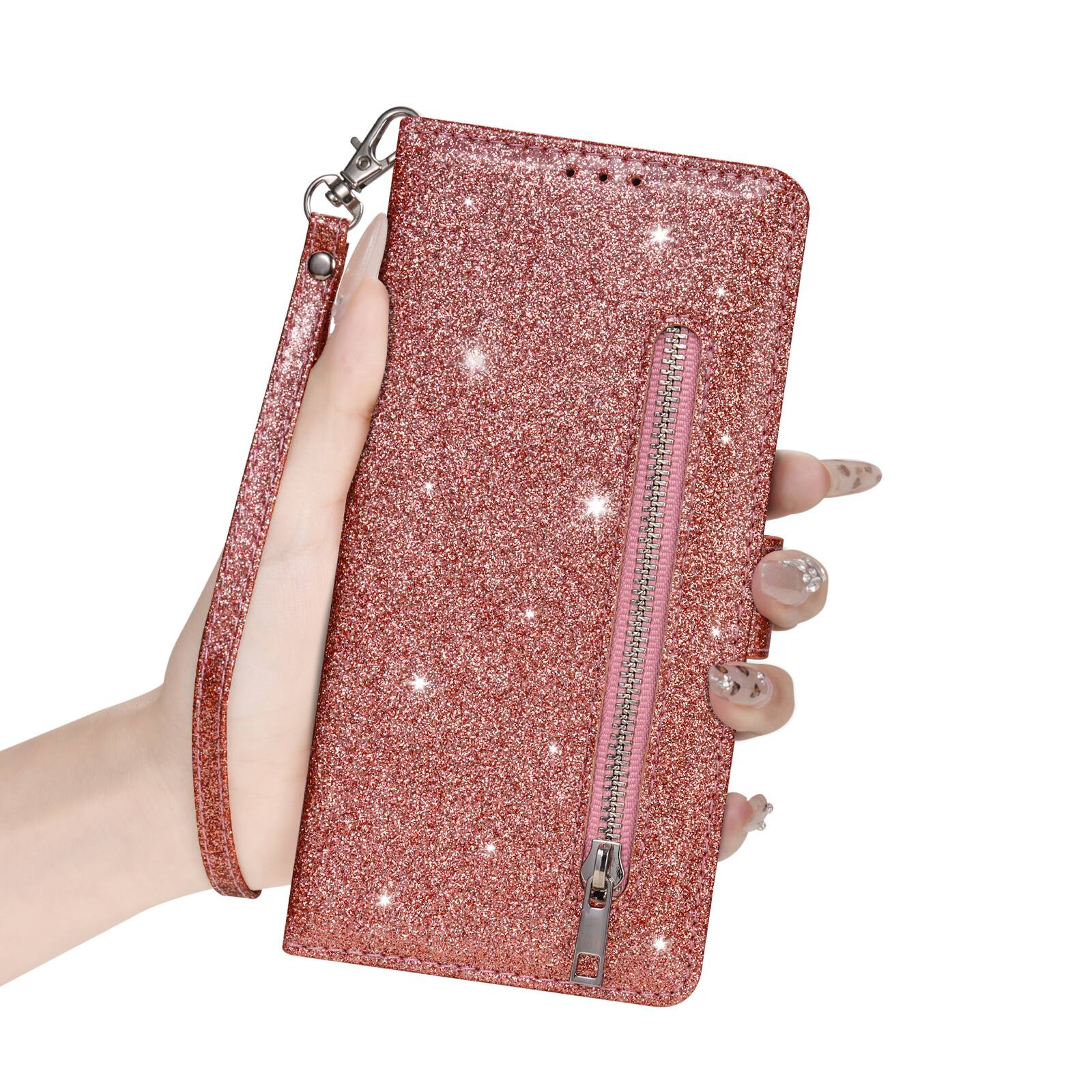 Alt View 2. Dteck - Glitter Zipper Wallet Case for Samsung Galaxy A36 5G Card Holder Wrist Strap Shockproof PU Leather Cover - Rosegold.