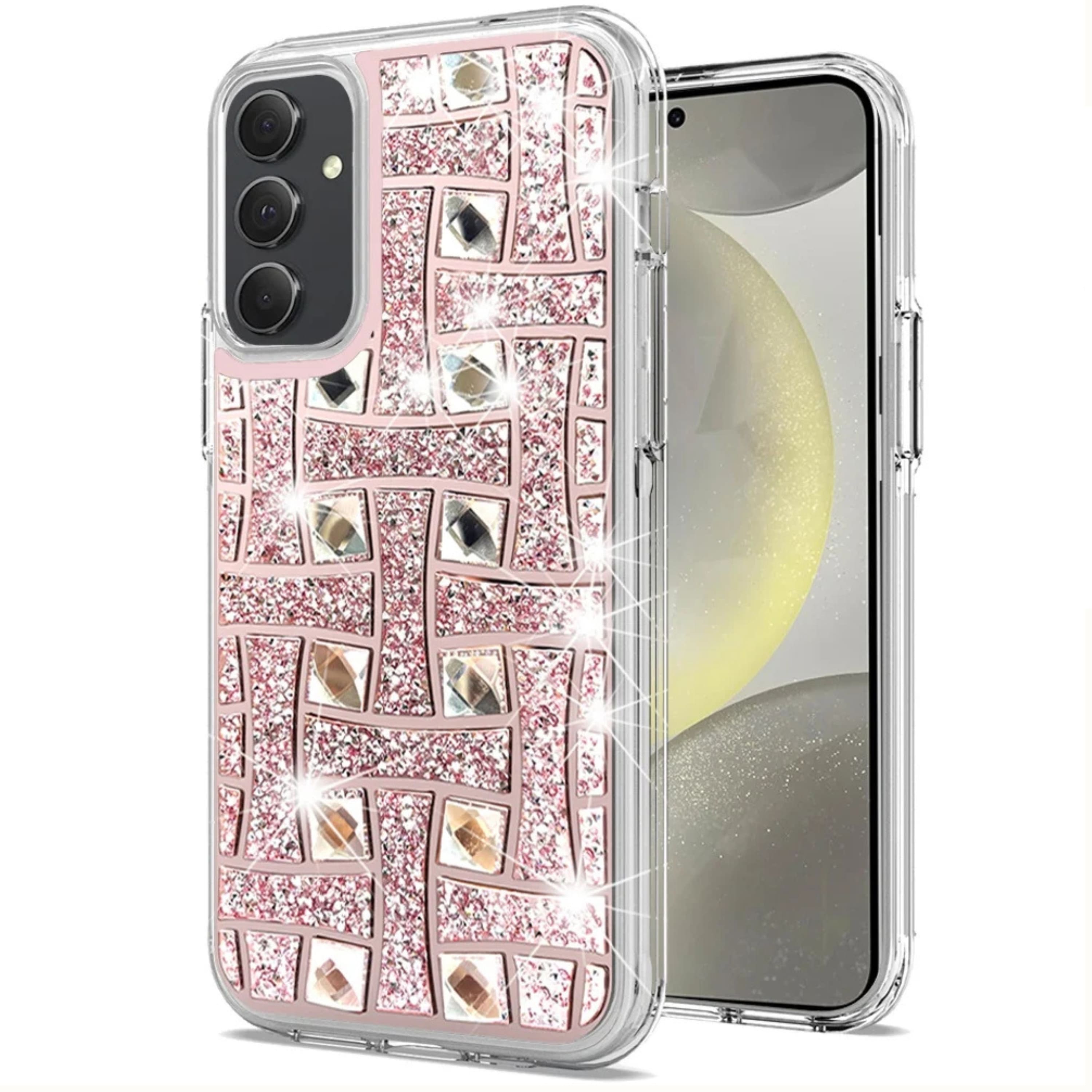 Kitcheniva - Crystal Bling Protective Cover With Tempered Glass For Samsung S25 Plus S24 Plus - Light Pink