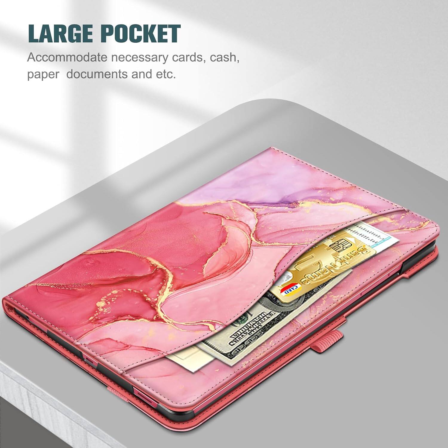 LARGE POCKET  
Accommodate necessary cards, cash, paper documents and etc.