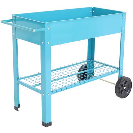 Front. Sunnydaze - 43 in Galvanized Steel Mobile Raised Garden Bed Cart - Blue.