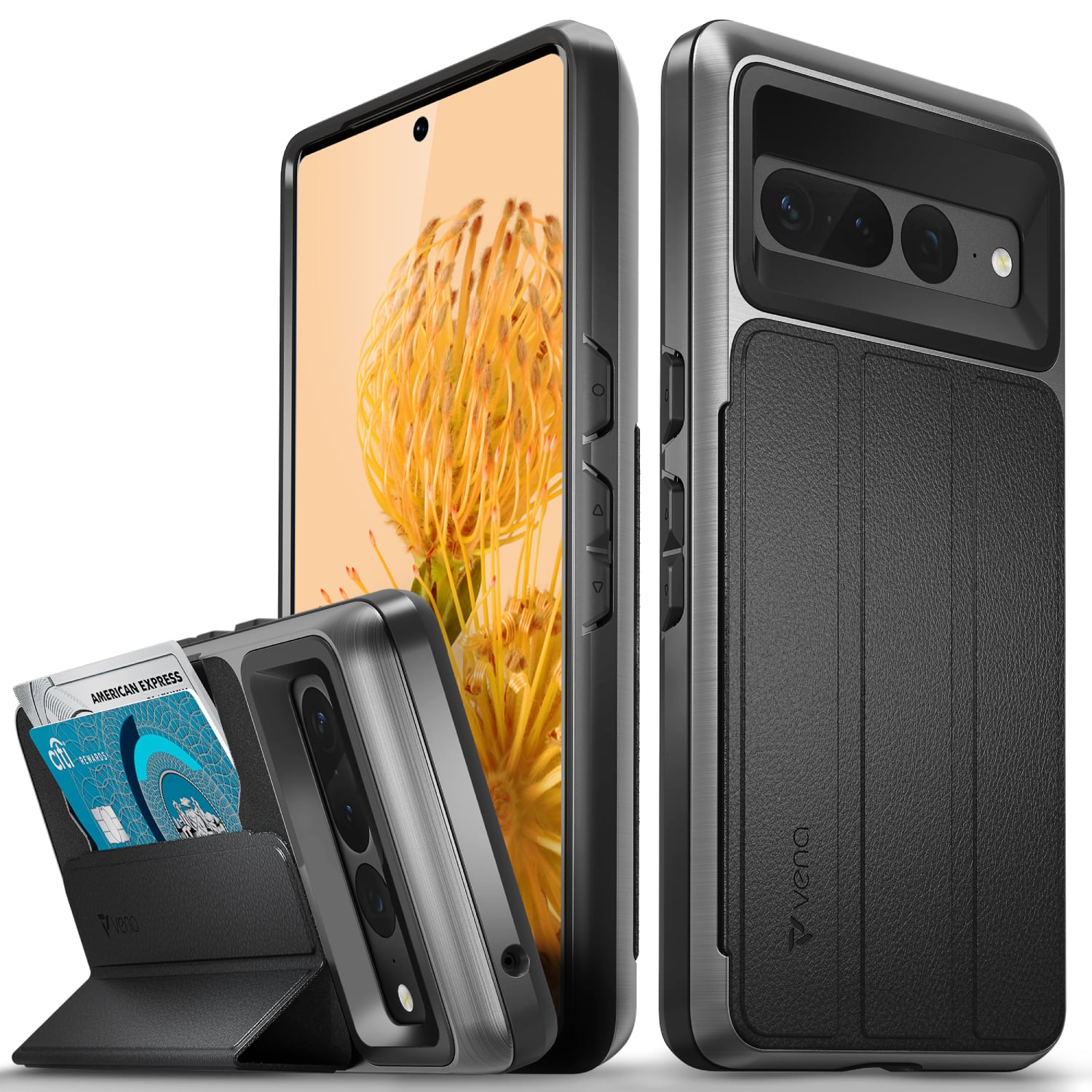 Photos - Case Vena - vCommute for Google Pixel 7 Pro Wallet , Leather Flip Cover with Card Slot and Kickstand - Black VN2172