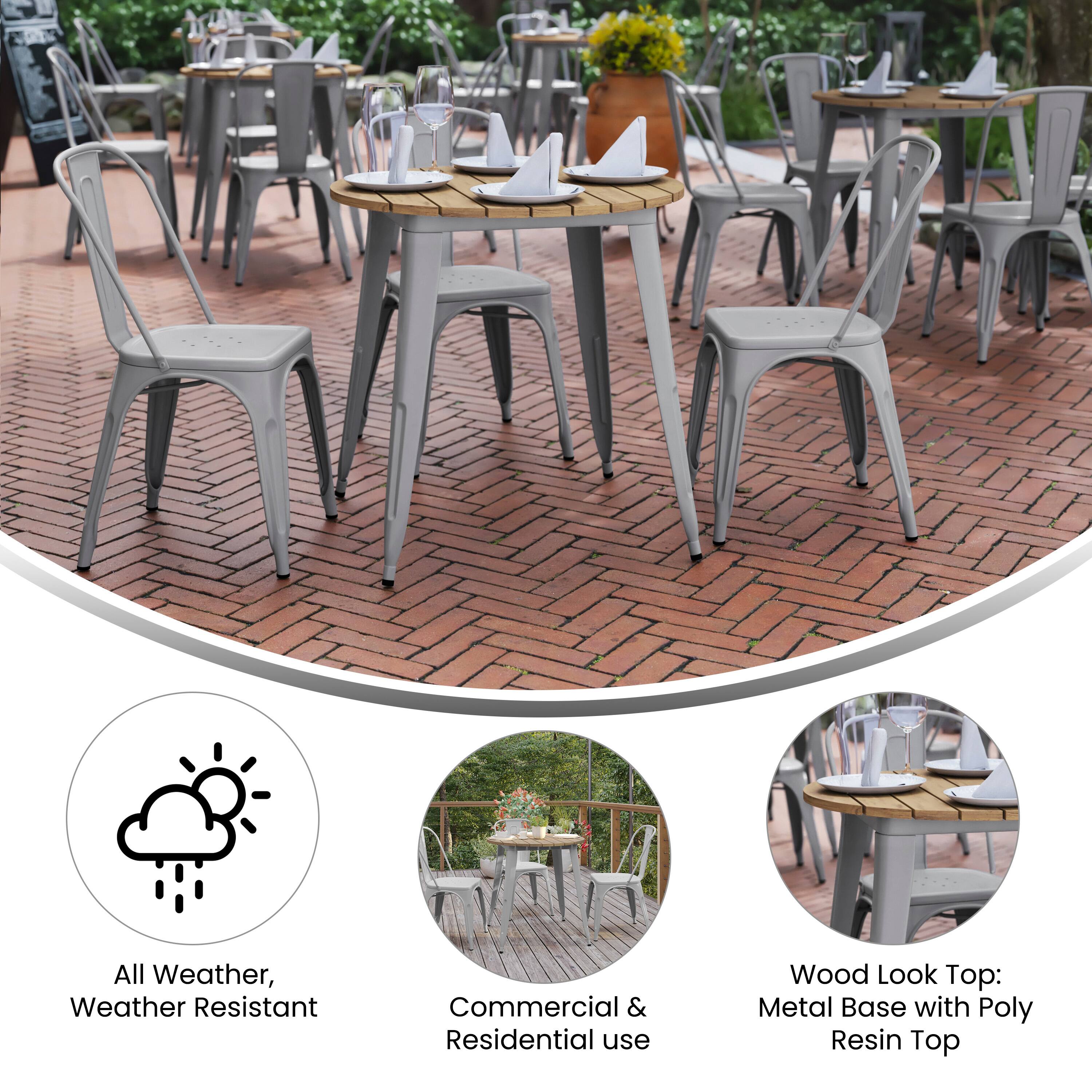 All Weather, Weather Resistant  
Commercial & Residential use  
Wood Look Top: Metal Base with Poly Resin Top