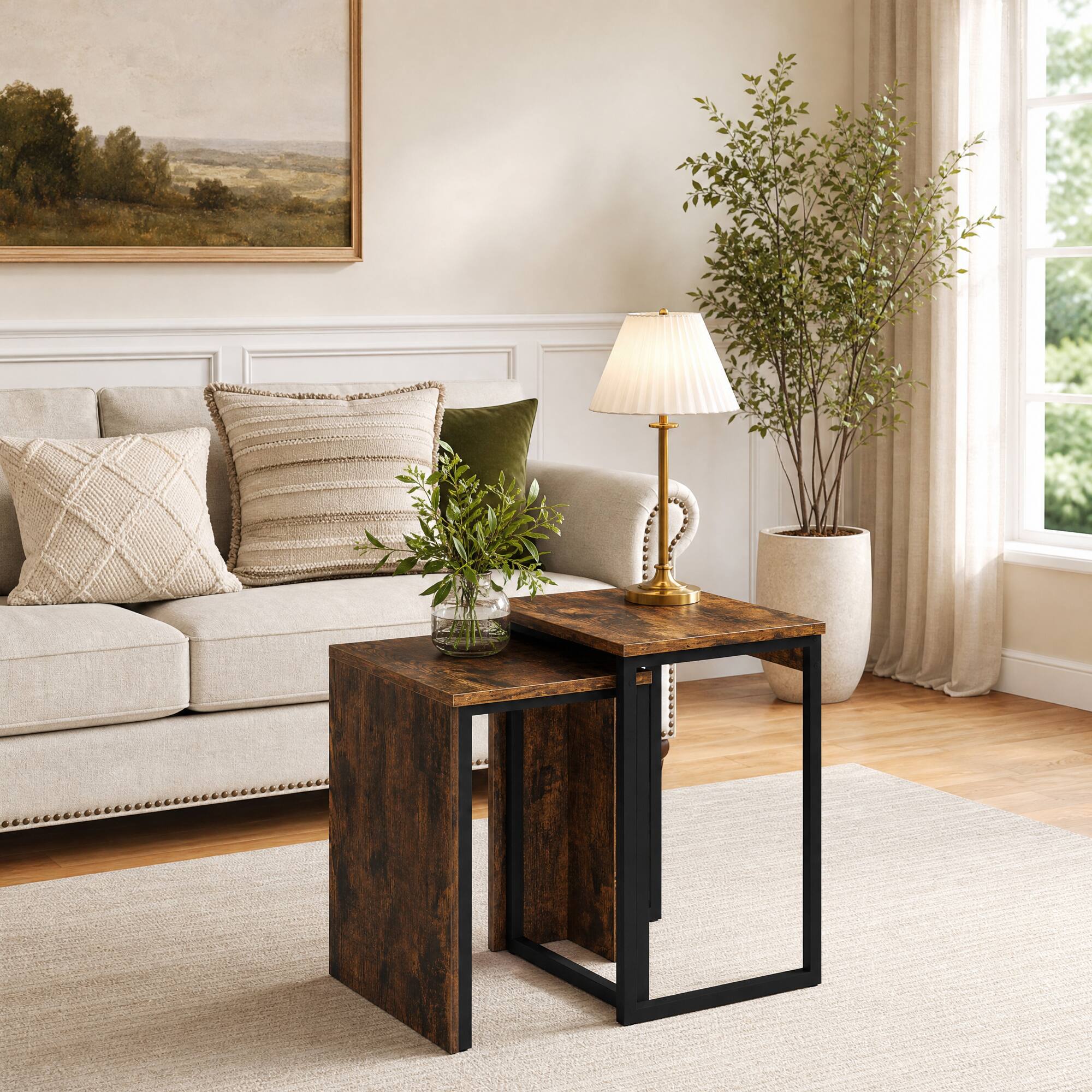 WELLFOR 2 in 1 Nesting Coffee Table with Metal Frame, Center Table End ...