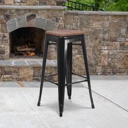 Emma + Oliver - 30"H Backless Metal Barstool with Wood Seat - Black