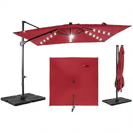 Gymax - 10 FT Cantilever Outdoor Umbrella w/ 32 Solar LED Lights & 220 LBS Base Wine & Black - Red
