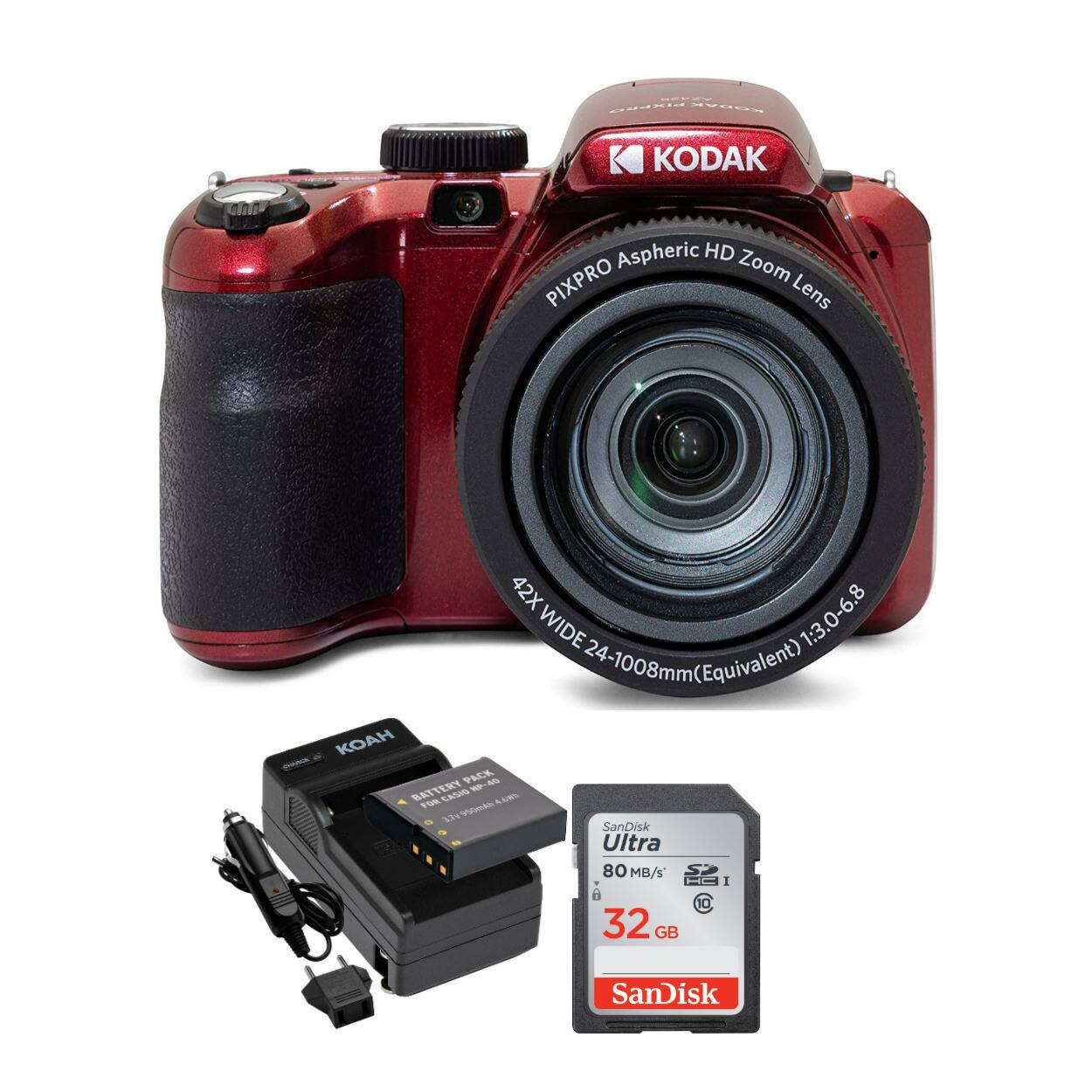 The image features a red Kodak camera with a lens attached. The camera is accompanied by a battery pack, a memory card, and a charger. The memory card is a SanDisk Ultra 32 GB card. The camera is positioned on a white background, making it the main focus of the image.