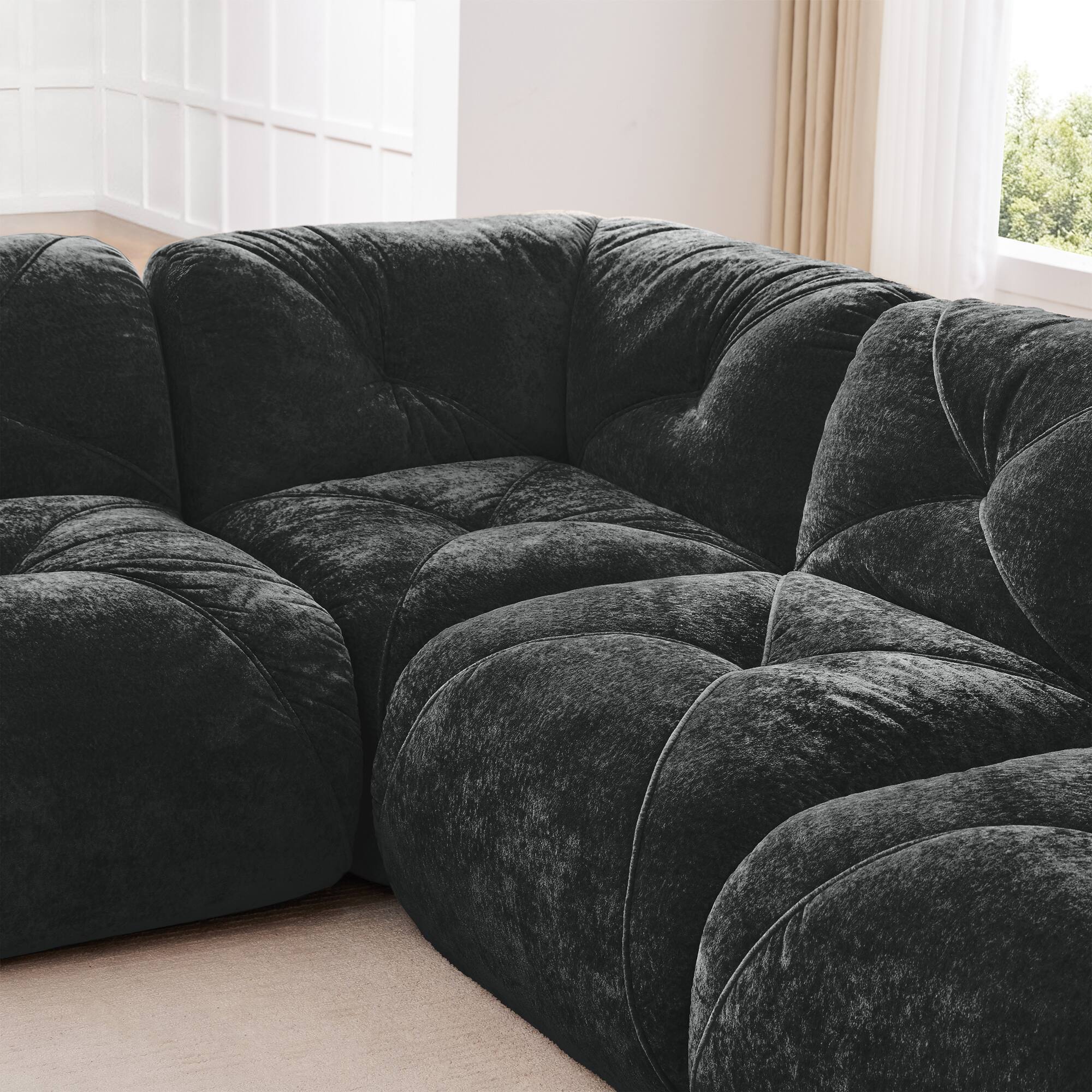 Alt View 8. Aukfa - U-Shaped Boneless Tufted Sofa - 32D High Density Sponge, Free Combination, No Assembly, with Ottomans - Black.