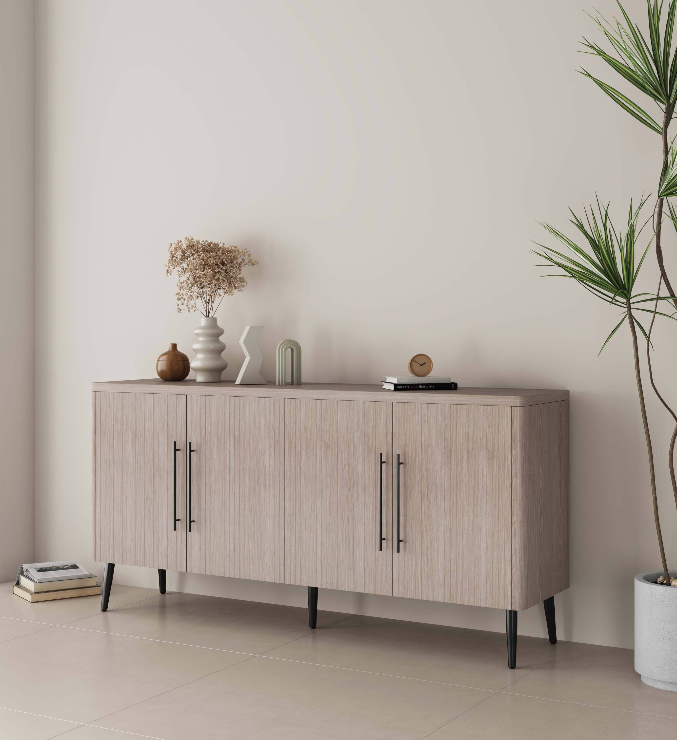 Angle. Manhattan Comfort - Jodie Mid-Century Modern 65" Fluted Sideboard - Whitewashed Oak.