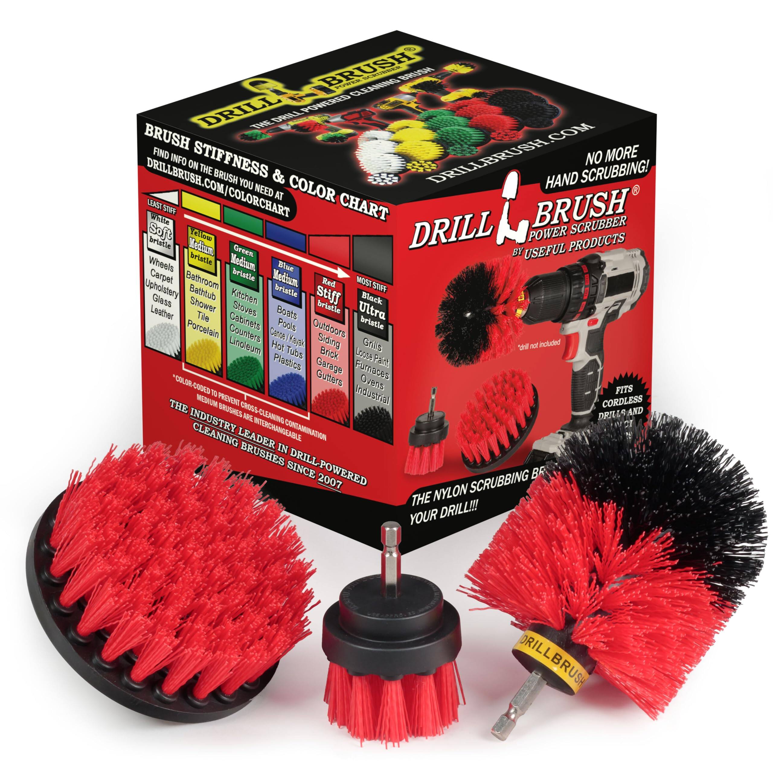 Drillbrush - 3pc Heavy Duty Stiff Bristle Scrub Brush Cleaning Kit - Concrete and Siding Cleaner - Hard Water Stain - Deck Scrub