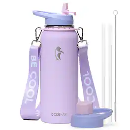 Coolflask - Insulated Water Bottle with Strap - Straw & Spout Lids - Keep Cold 48h - 40oz Purple