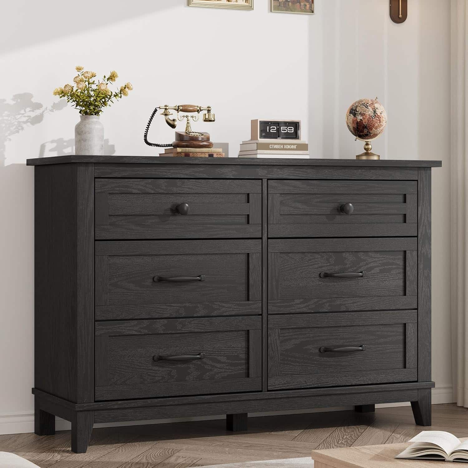GARVEE - 6 Dresser for Bedroom, 47" Wide Drawer Dresser with Storage Freestanding, Wooden Closet Storage Chest for Living Room - Black