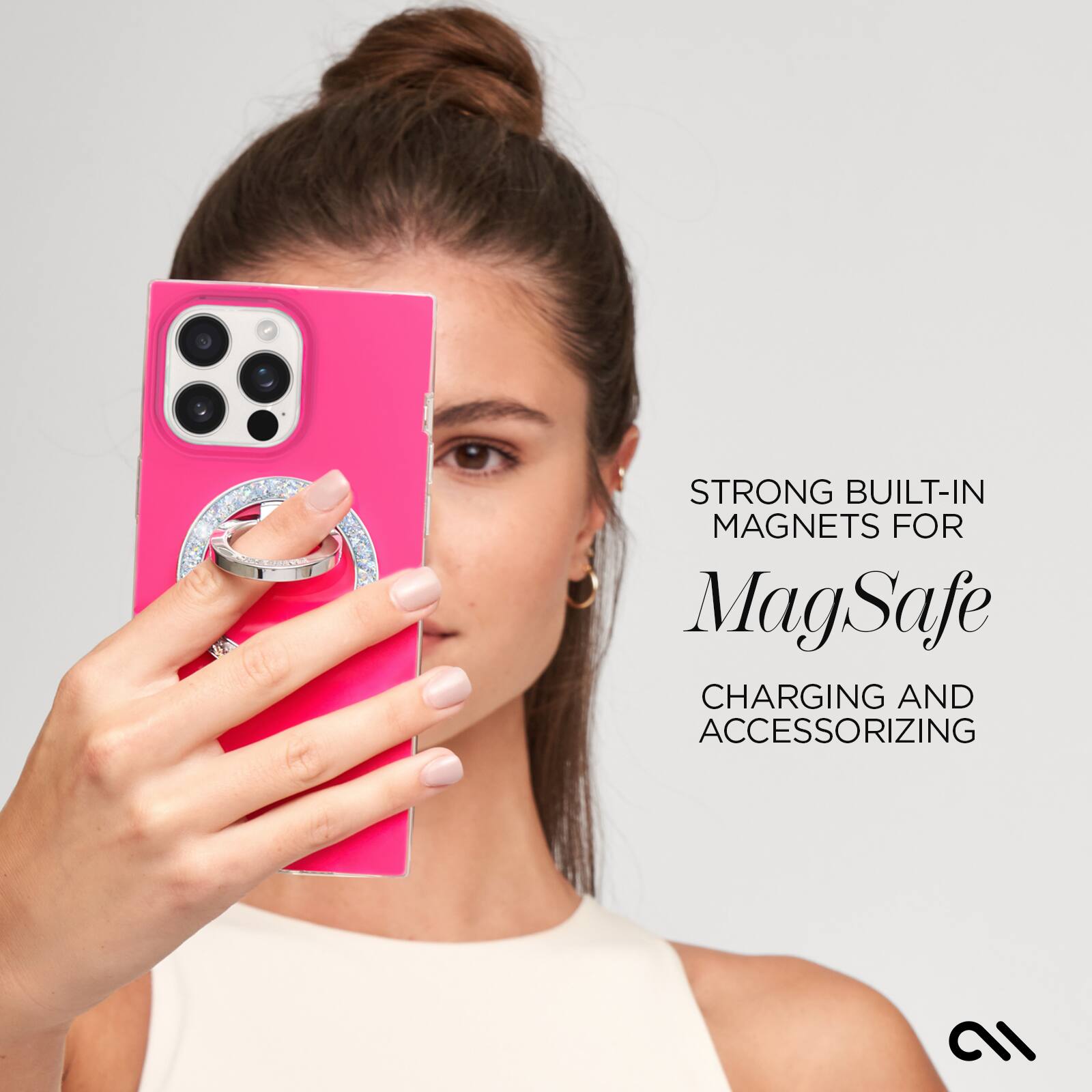 The text on the image reads: "Strong built-in magnets for MagSafe charging and accessorizing."