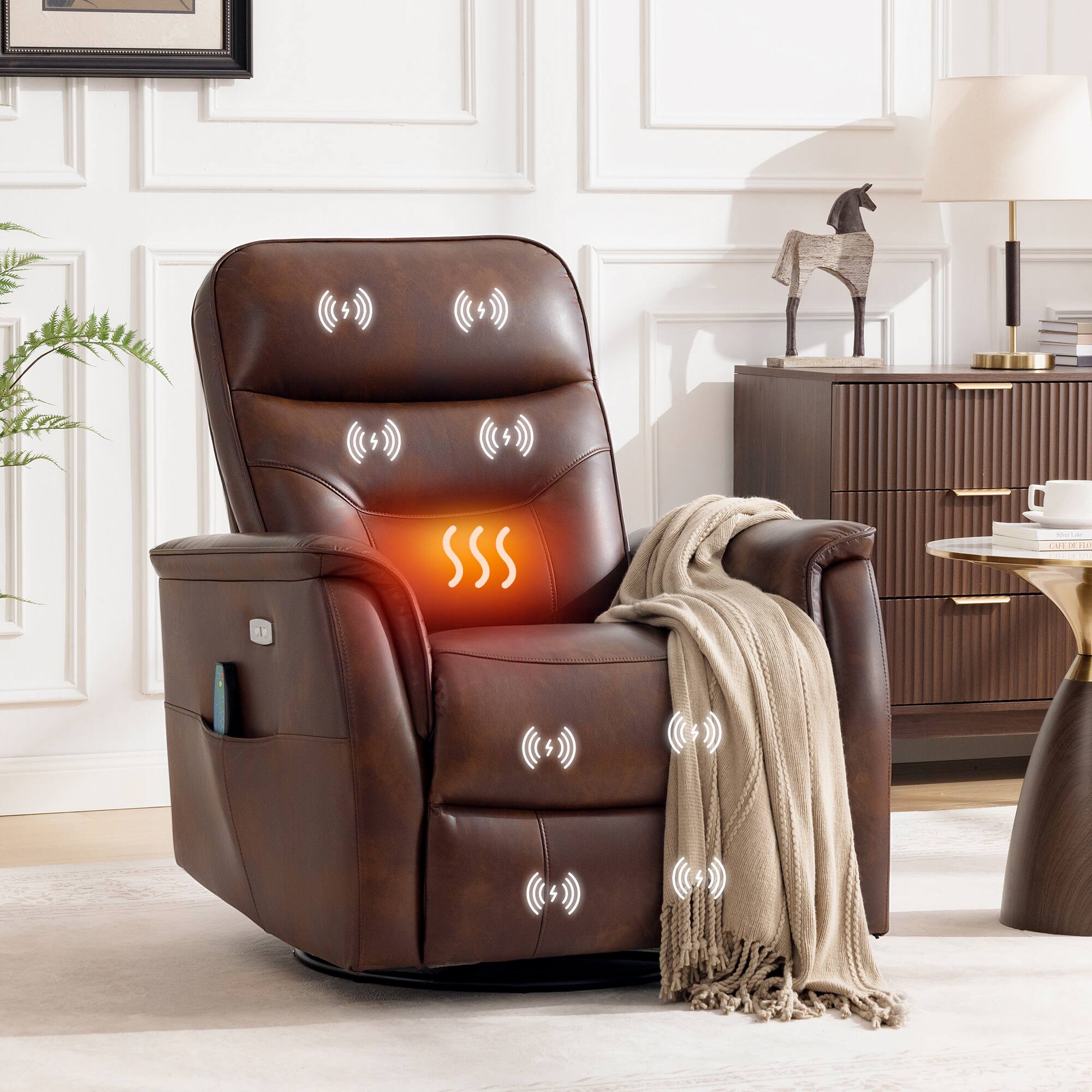 Front. Brick Attic - Electric Lift Recliner Sofa with Massage/ Heating ,Recliner Chair with USB Ports,Footrest and 270 Swivel Glider - Brown.