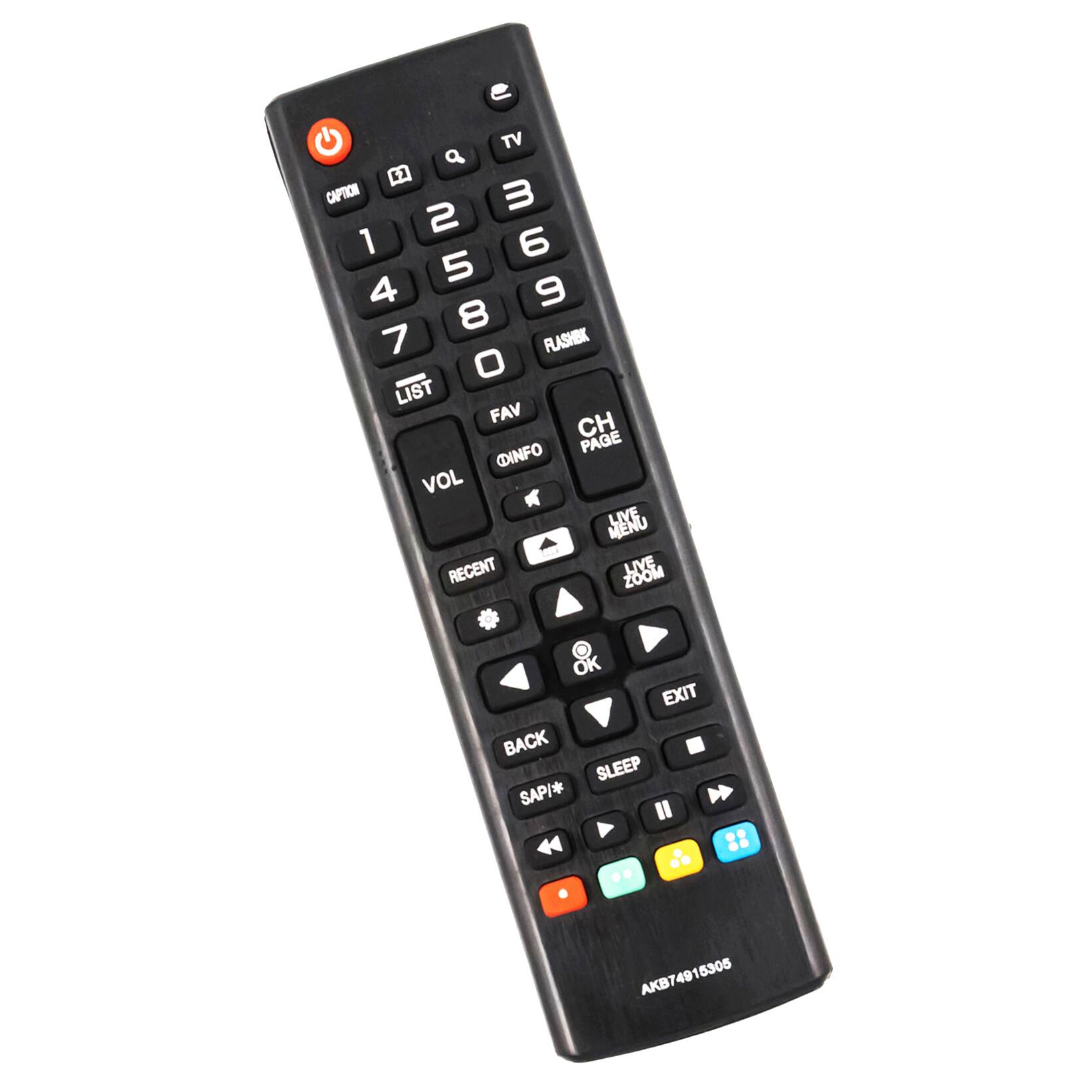 TV a B CAPTION 3 2 1 6 5 4 9 8 7 FLASHBK O LIST FAV CH INFO PAGE VOL LIVE MENU RECENT ZOOM LIVE OK EXIT BACK SLEEP SAP/* AKB74915305
