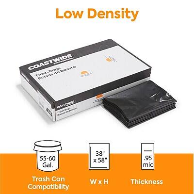 Low Density  
COASTWIDE Trash Bags  
Bolsas de basura  

55-60 Gal.  
Trash Can Compatibility  

38" x 58"  
W x H  

.95 mic  
Thickness