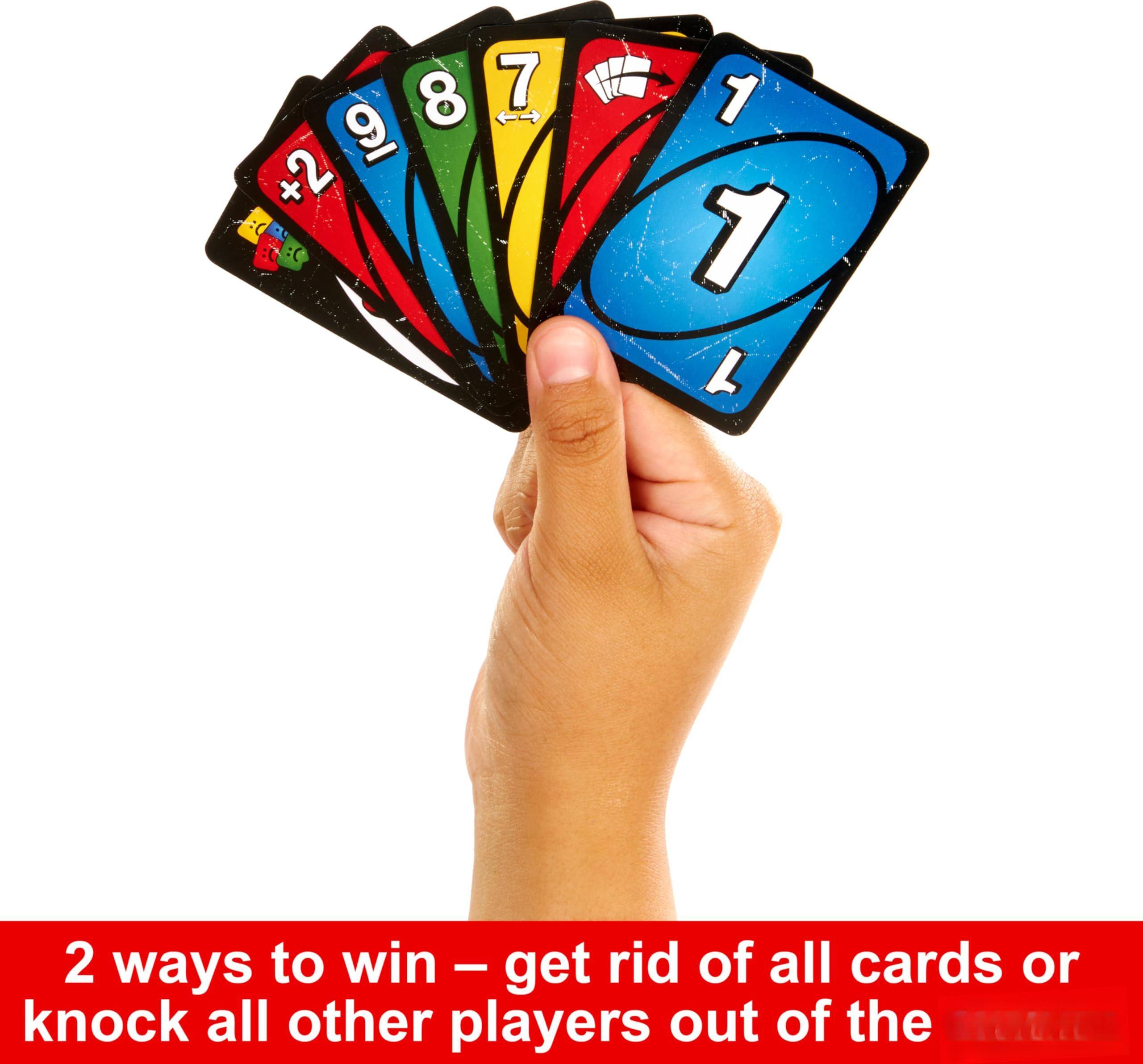 2 ways to win – get rid of all cards or knock all other players out of the game.