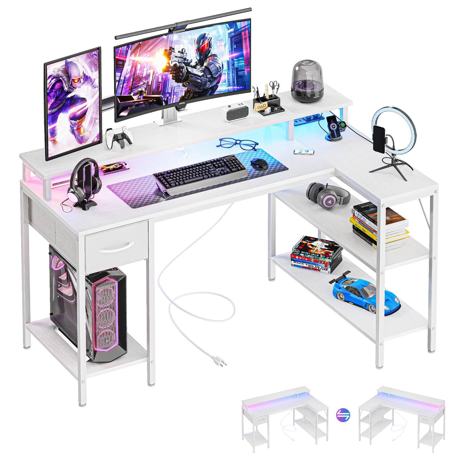 Front. Stylel Star - DUMOS 47” Gaming Desk with USB Charging Ports & LED Lights, Reversible L Shaped Desks Computer Corner Gamer Table wit... - White.