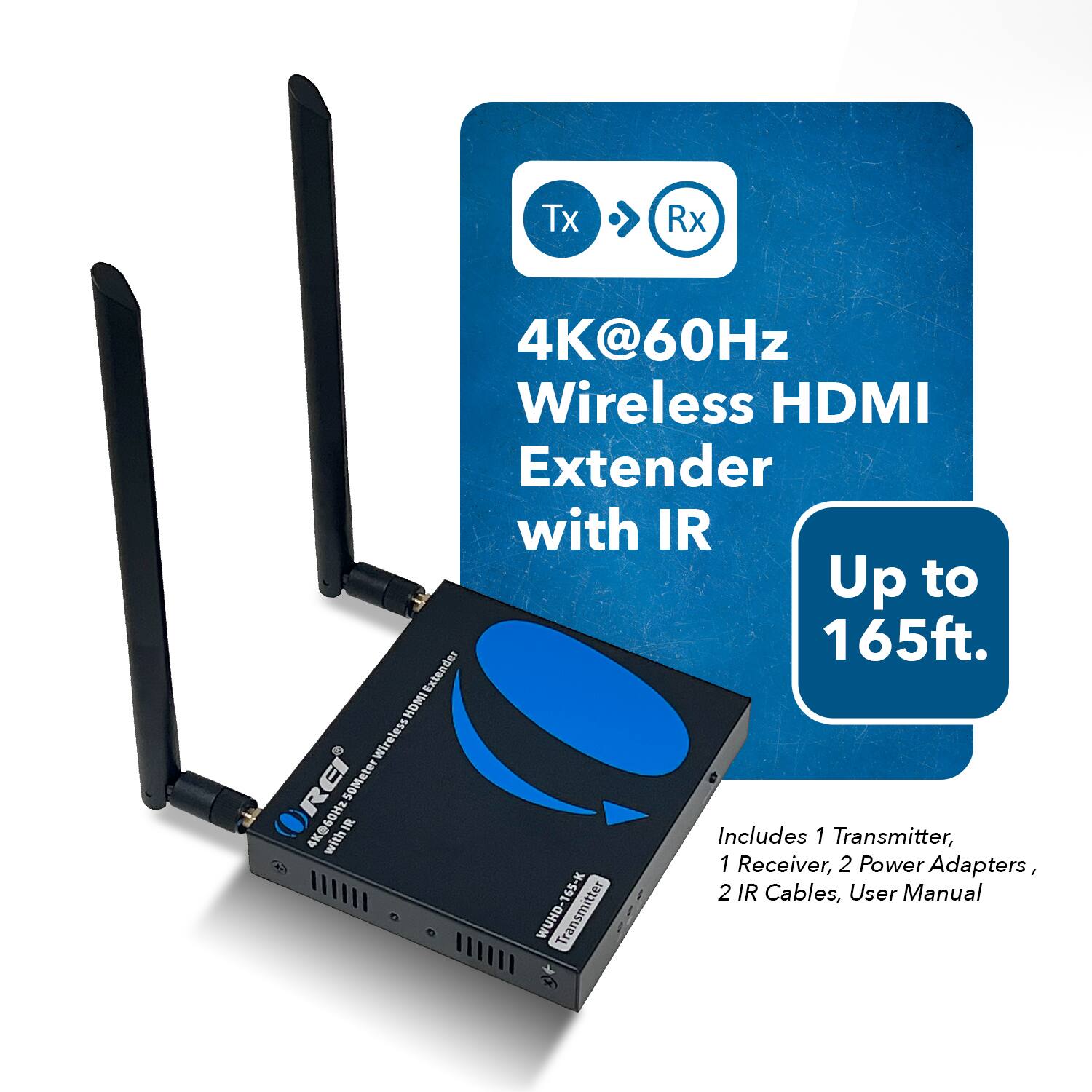 Tx Rx 4K@60Hz Wireless HDMI Extender with IR Up to 165ft. Includes 1 Transmitter, 1 Receiver, 2 Power Adapters, 2 IR Cables, User Manual.
