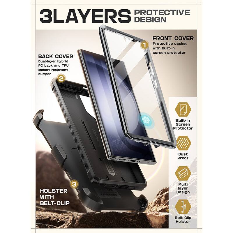 **3LAYERS PROTECTIVE DESIGN**

1. **FRONT COVER**
   - Protective casing with built-in screen protector

2. **BACK COVER**
   - Dual-layer hybrid PC back and TPU impact resistant bumper

3. **HOLSTER WITH BELT-CLIP**
   - Multi layer Design Belt Clip Holster

**Features:**
- Built-in Screen Protector
- Dust Proof
- Multi Layer Design
- Belt Clip Holster