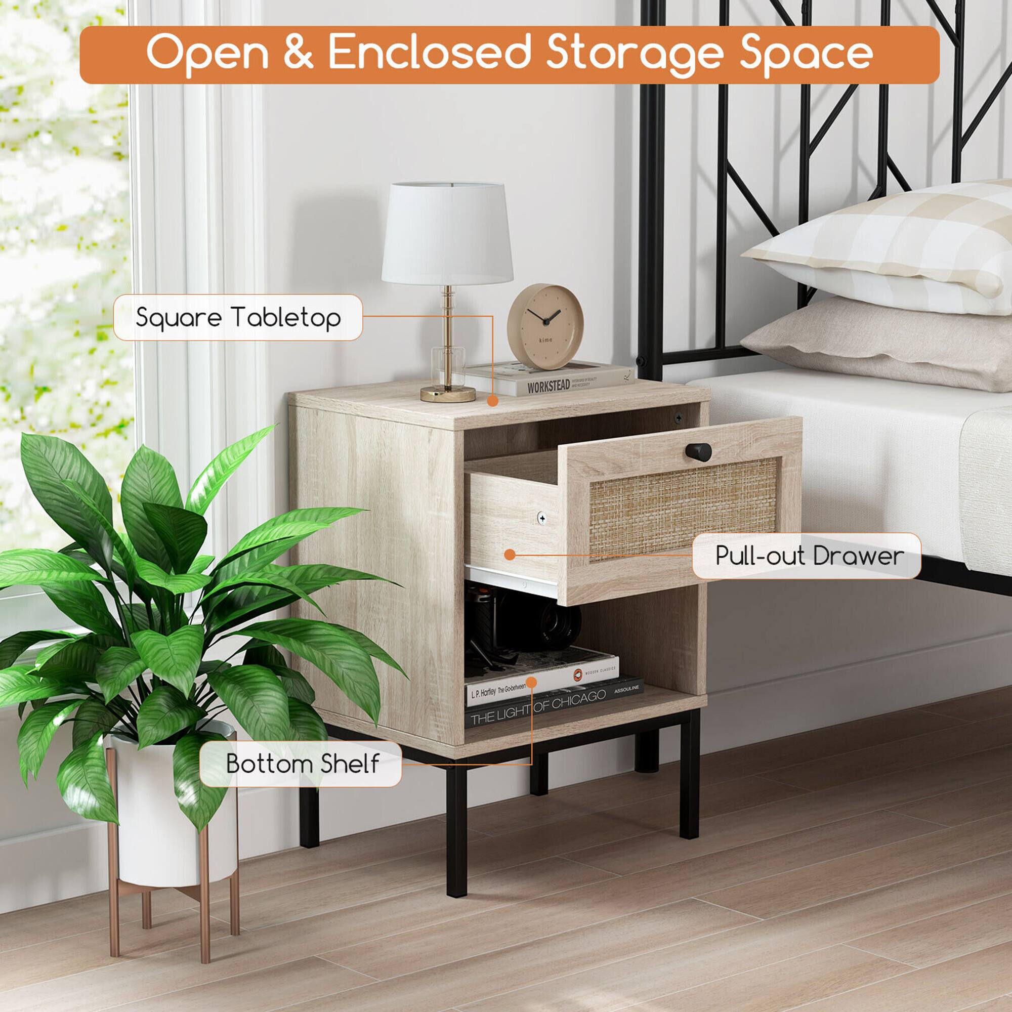 Open & Enclosed Storage Space Square Tabletop Pull-out Drawer Bottom Shelf