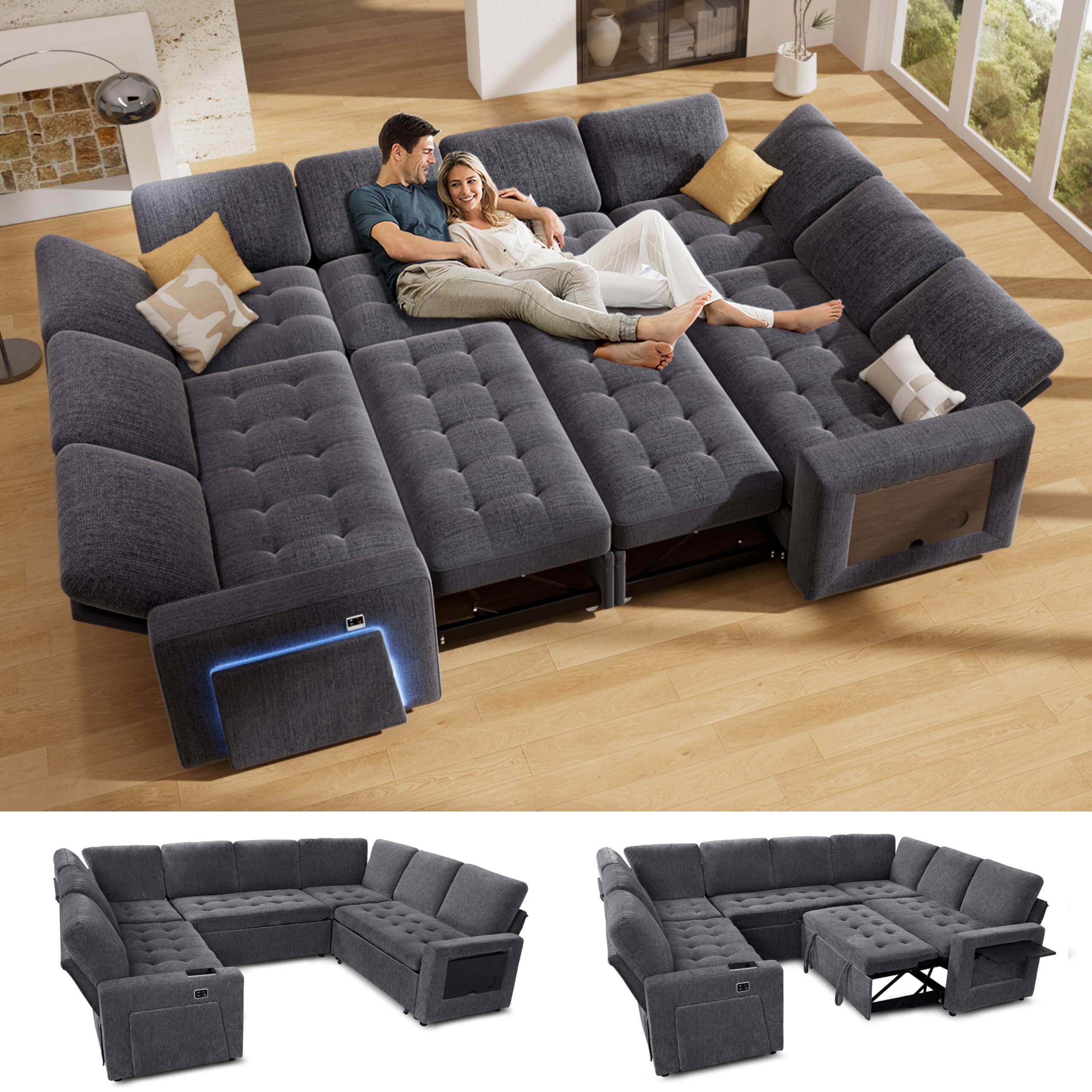 Angle. Vipbear - Vipbear 8 Seat Modular Sectional Sleeper Sofa,Pull-Out Bed, Reclining Backrest, USB Ports, Side Table, Gary - Gray.