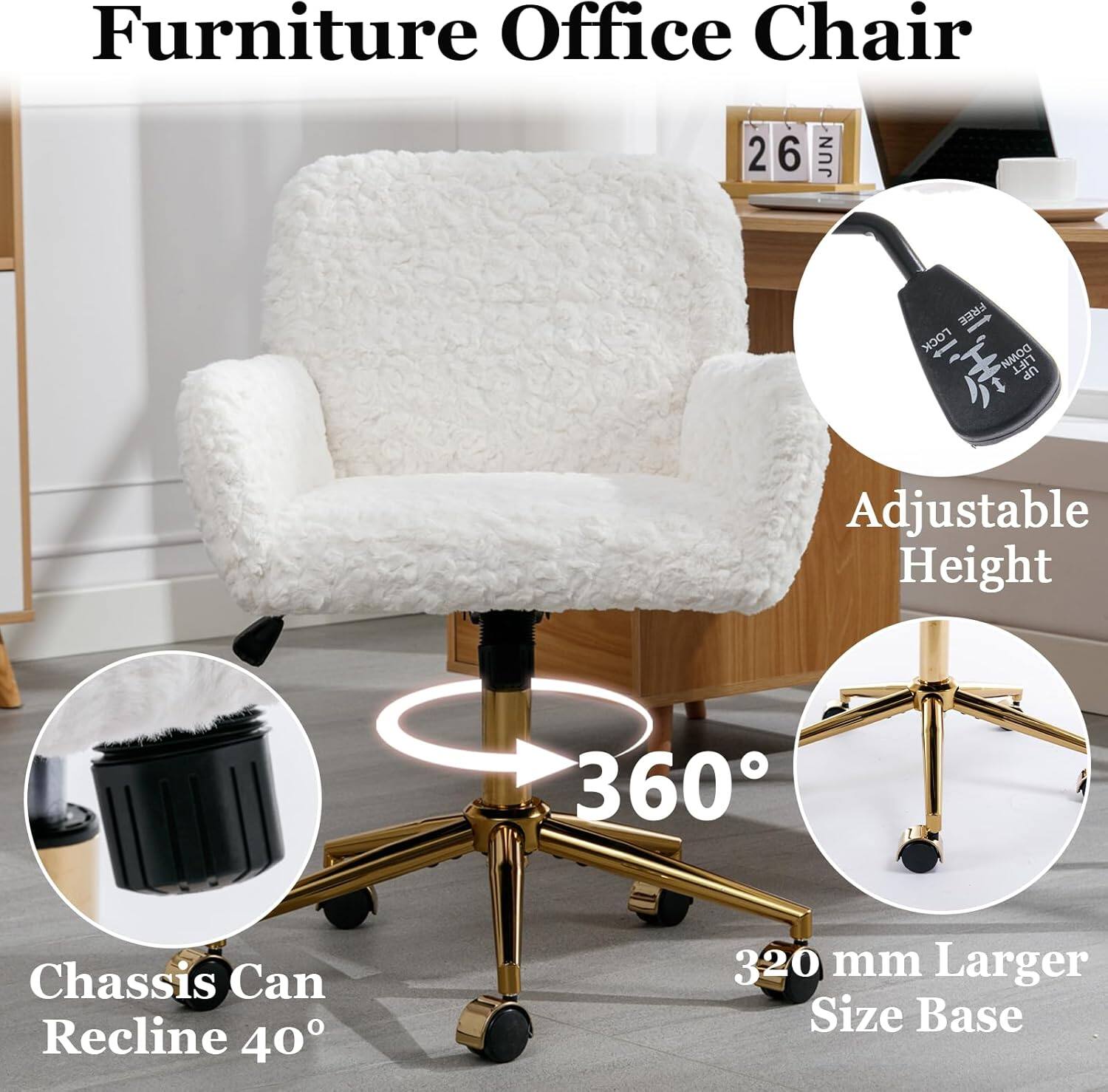 Furniture Office Chair

- Adjustable Height
- 360° Rotation
- Chassis Can Recline 40°
- 320 mm Larger Size Base
- Free Lock
