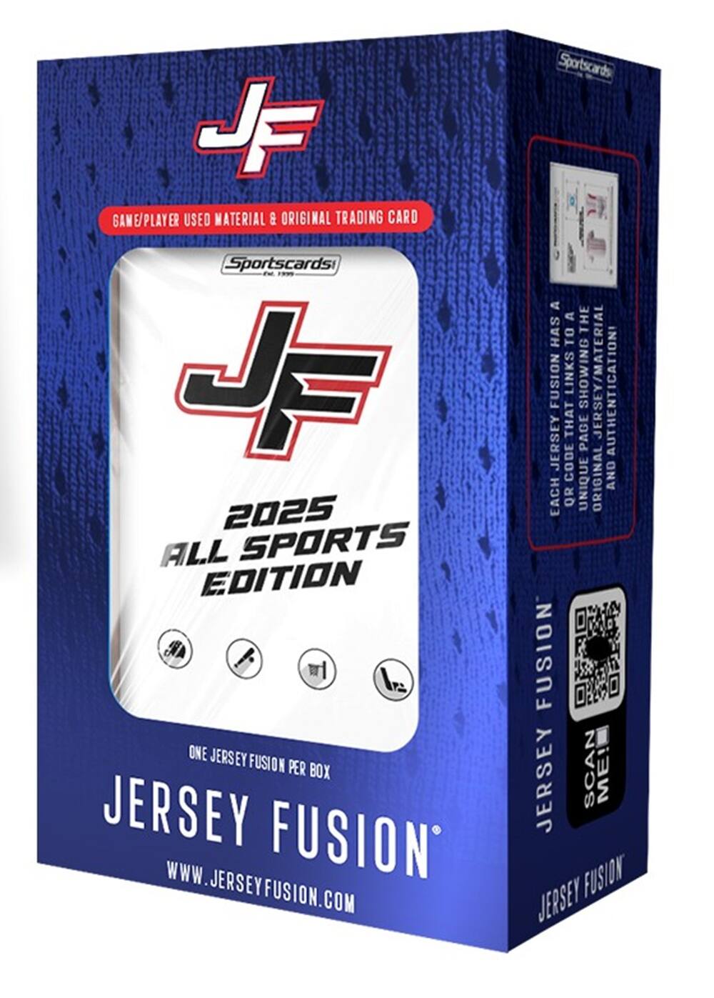 Jersey Fusion 2025 All Sports Edition Sportscards JF Game/Player Used Material & Original Trading Card. One Jersey Fusion per Box. Jersey Fusion WWW.JERSEYFUSION.COM. Sportscards. The box has to have Fusion links showing Jersey/Material Authentication. Each card has a unique original and each or Fusion Jersey scan me! Jersey Fusion.