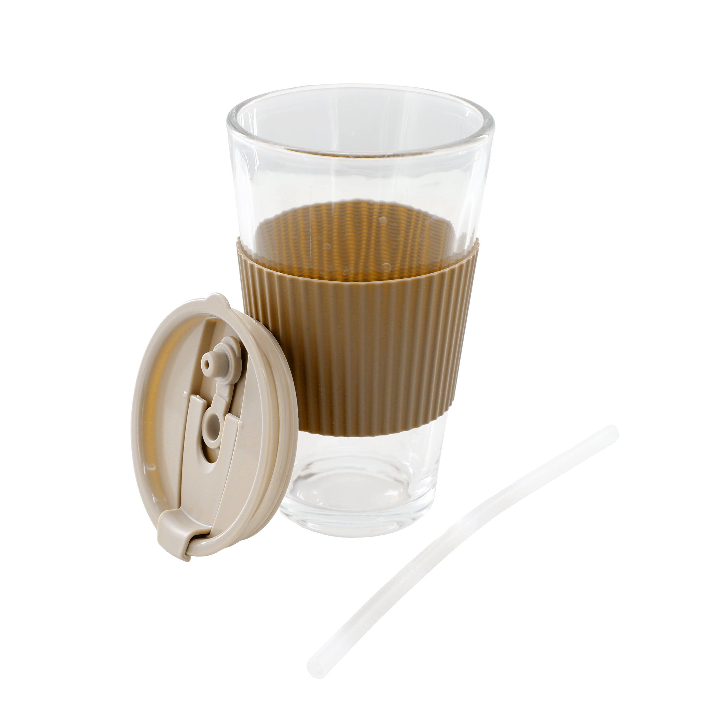 Alt View 2. Mr. Coffee - Mr. Coffee Sip Savvy 4 Piece 15 Ounce Silicone Sleeve Glass Cup Set w/ Lid and Straw in Brown - Brown.