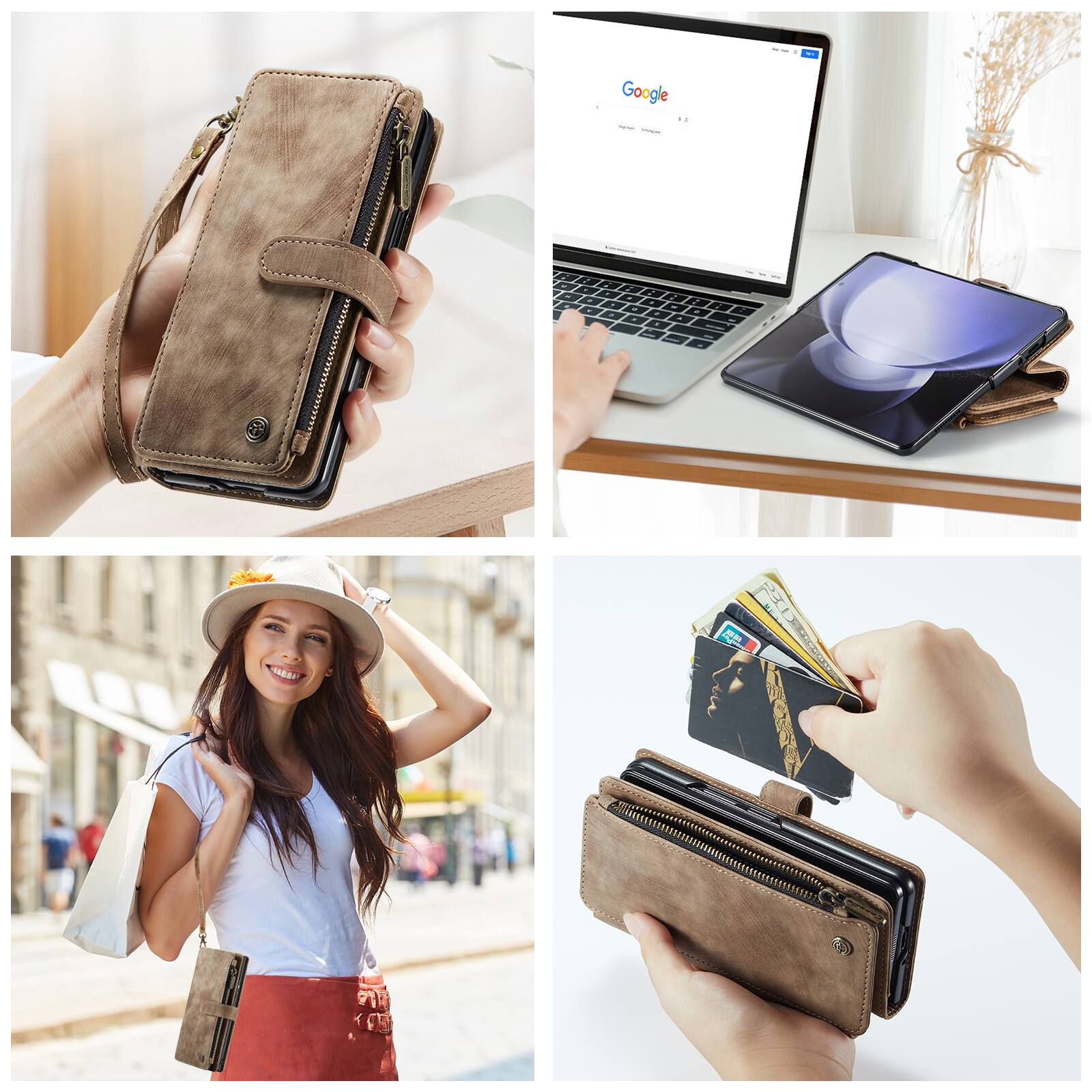 Left. Dteck - For Samsung Galaxy Z Fold6 Premium Leather Shockproof Purse Case with Credit Card Slots Zipper Pocket Cover + Wriststrap - Brown.