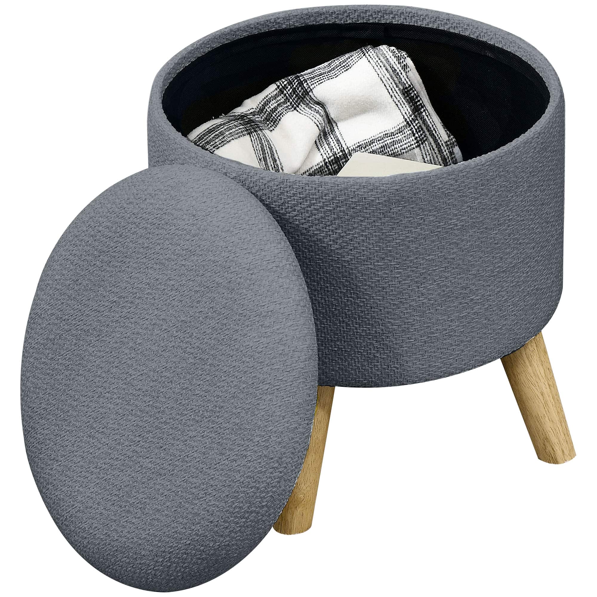 Homcom - Round Storage Ottoman, Linen Fabric Foot Stool with Removable Top, Small Foot Rest with Hidden Space for Living Room - Grey