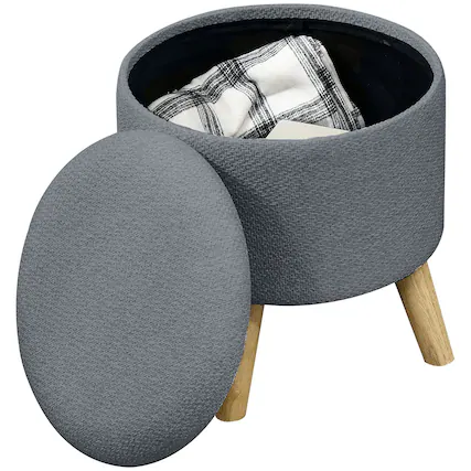 Front. Homcom - Round Storage Ottoman, Linen Fabric Foot Stool with Removable Top, Small Foot Rest with Hidden Space for Living Room - Grey.
