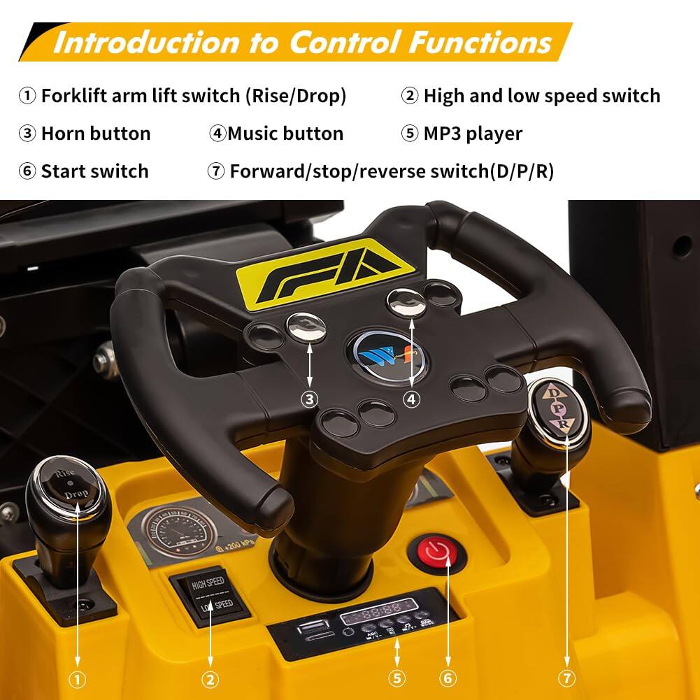 Introduction to Control Functions

1. Forklift arm lift switch (Rise/Drop)
2. High and low speed switch
3. Horn button
4. Music button
5. MP3 player
6. Start switch
7. Forward/stop/reverse switch (D/P/R)