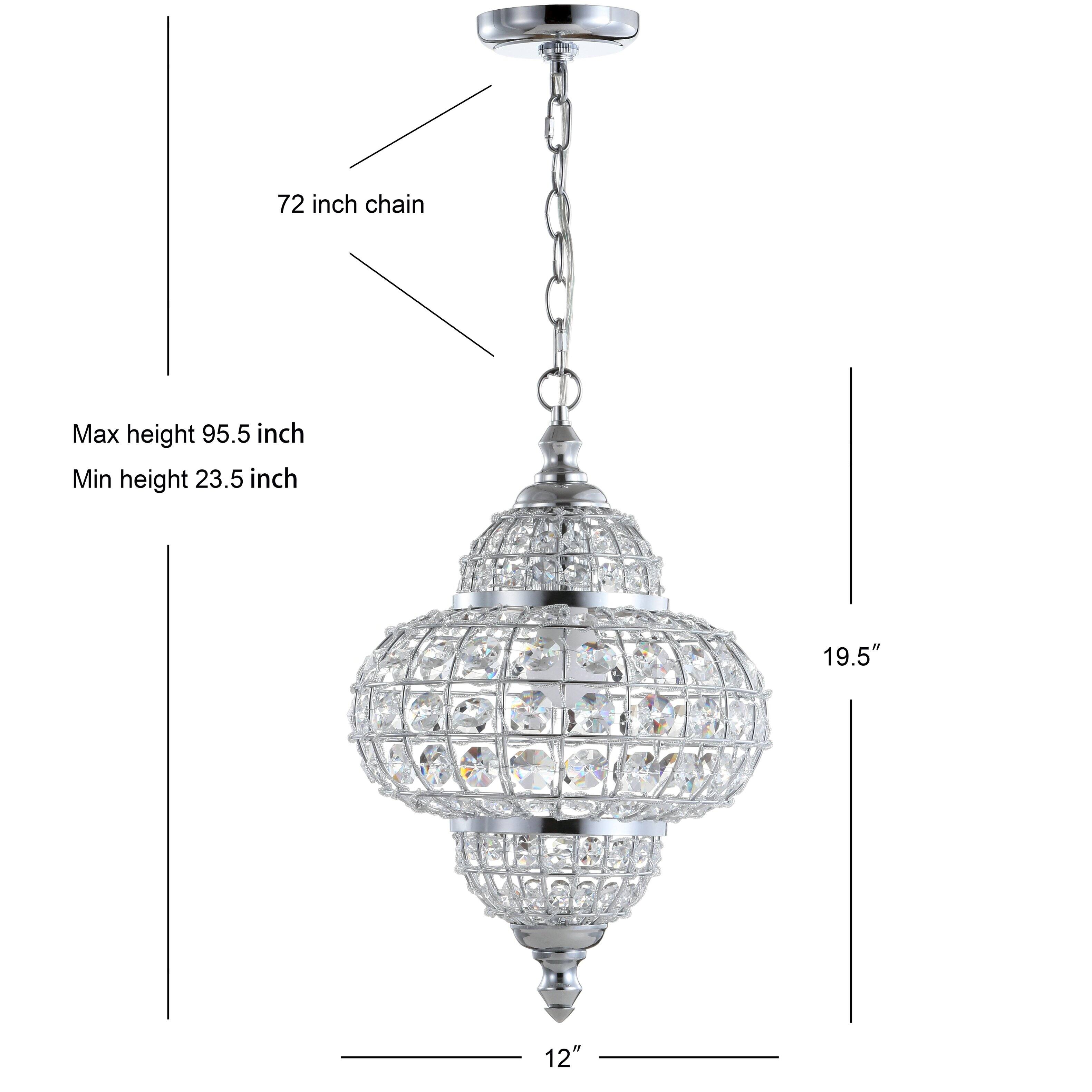 72 inch chain  
Max height 95.5 inch  
Min height 23.5 inch  
19.5"  
12"