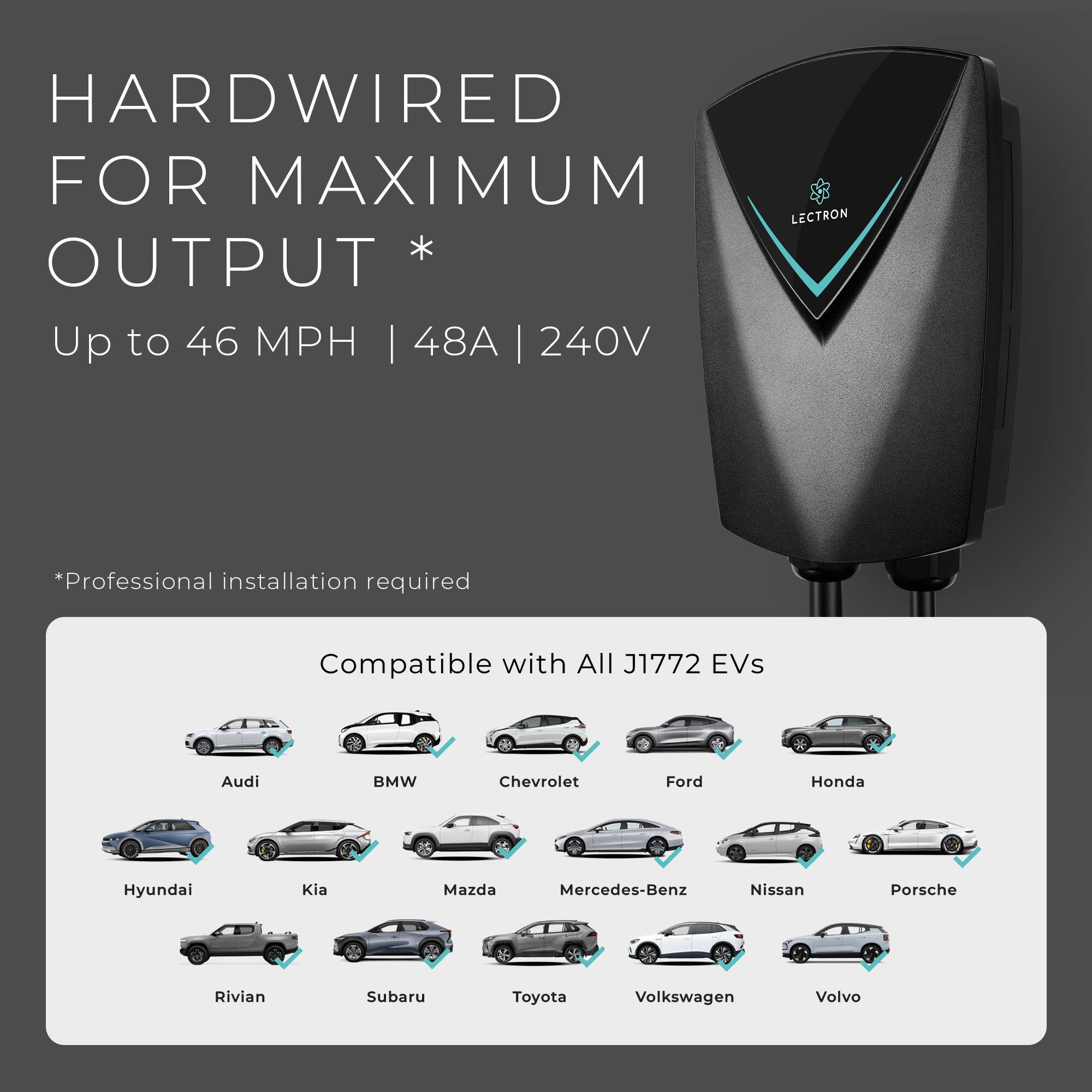HARDWIRED FOR MAXIMUM OUTPUT *  
Up to 46 MPH | 48A | 240V  

*Professional installation required  

Compatible with All J1772 EVs  
Audi BMW Chevrolet Ford Honda Hyundai Kia Mazda Mercedes-Benz Nissan Porsche Rivian Subaru Toyota Volkswagen Volvo