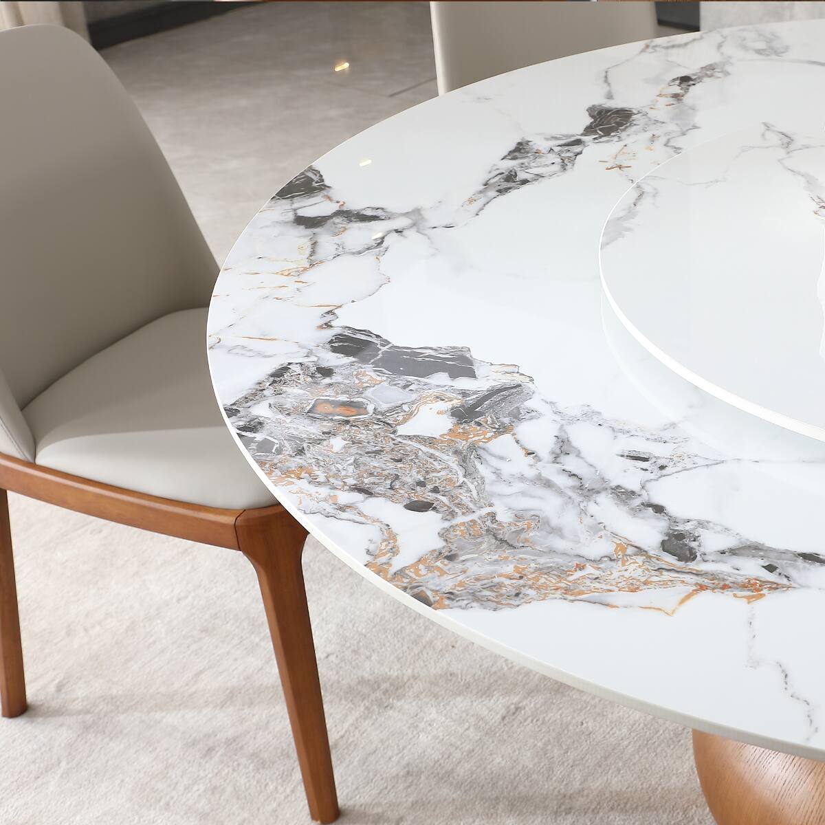 Alt View 3. Loheer - Loheer Modern Marble Dining Table, 59-Inch Round Sintered Stone Table With Lazy Susan - Walnut and White.