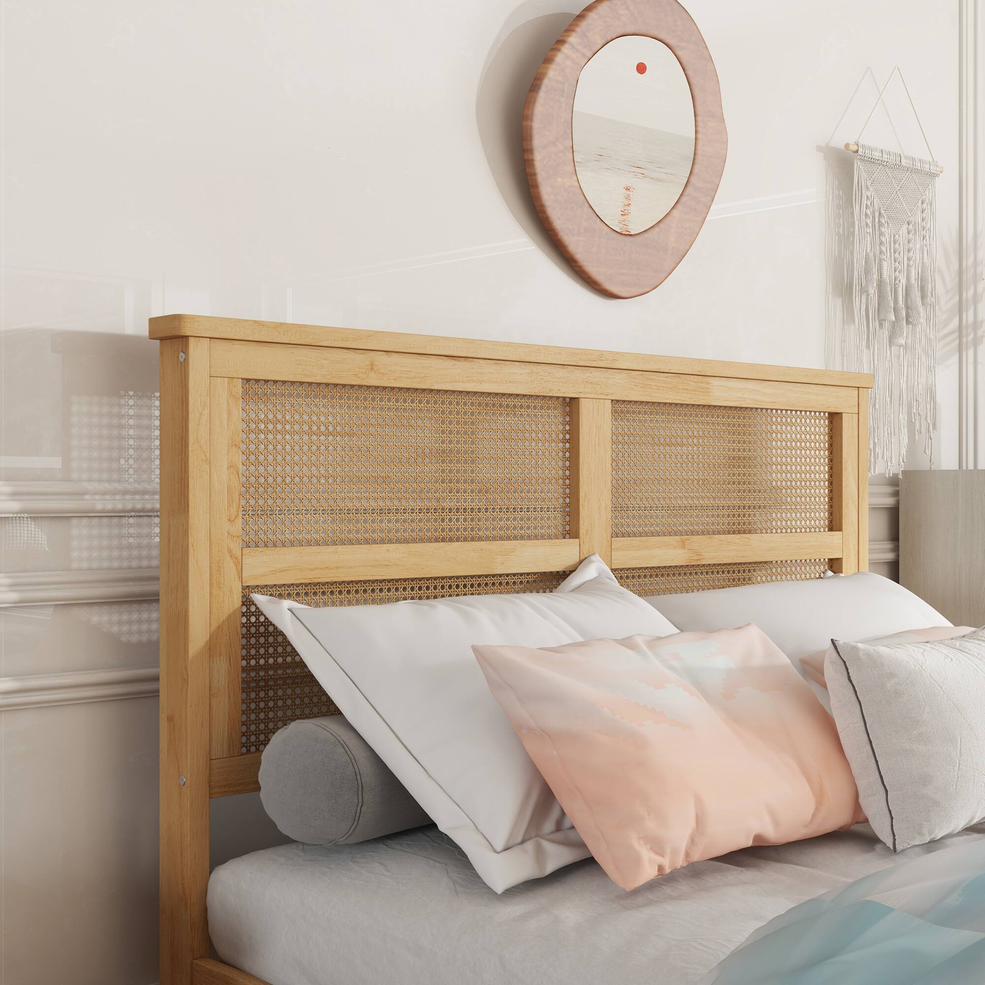 Alt View 6. GOODSILO - Full Size Bed with Rattan Headboard and Two Storage Drawers, Solid Wood Frame with Enhanced Support Slats - White Oak.