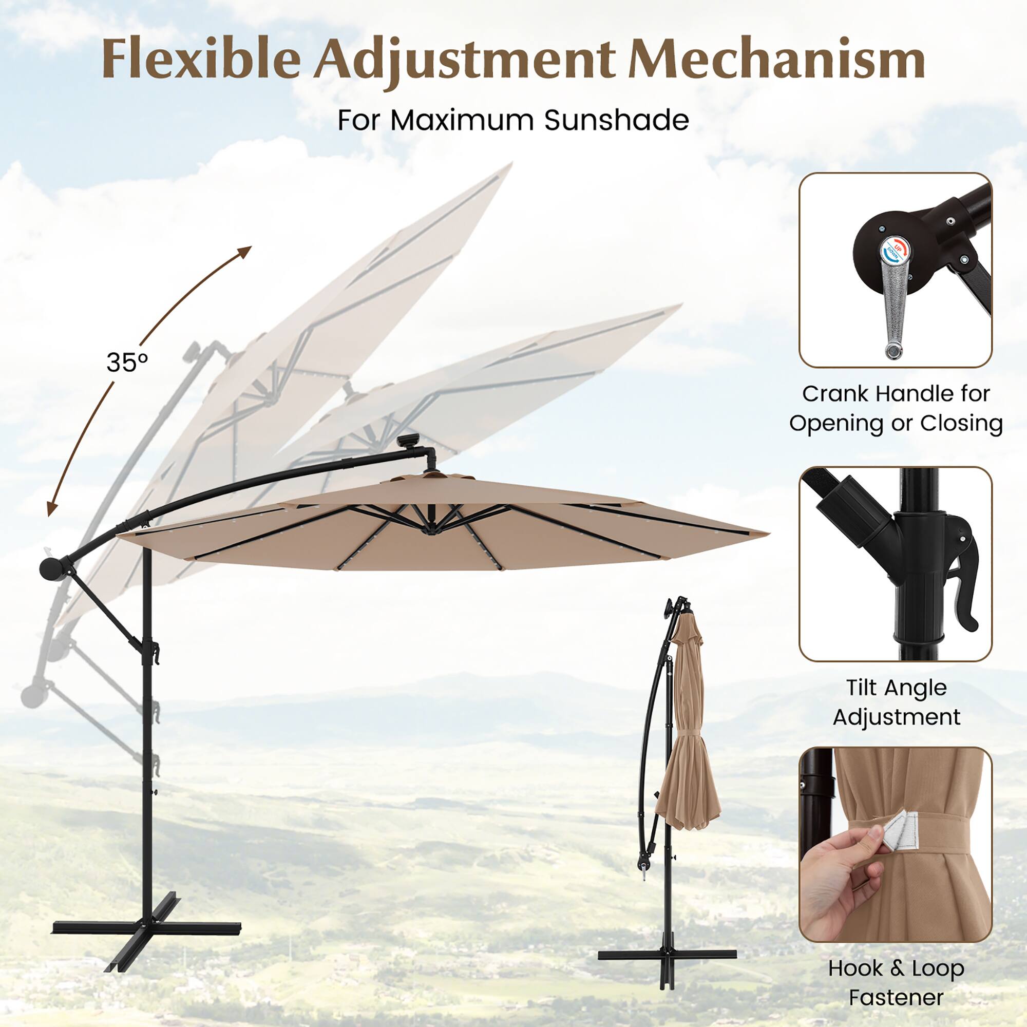 Flexible Adjustment Mechanism For Maximum Sunshade

35°
Crank Handle for Opening or Closing
Tilt Angle Adjustment
Hook & Loop Fastener