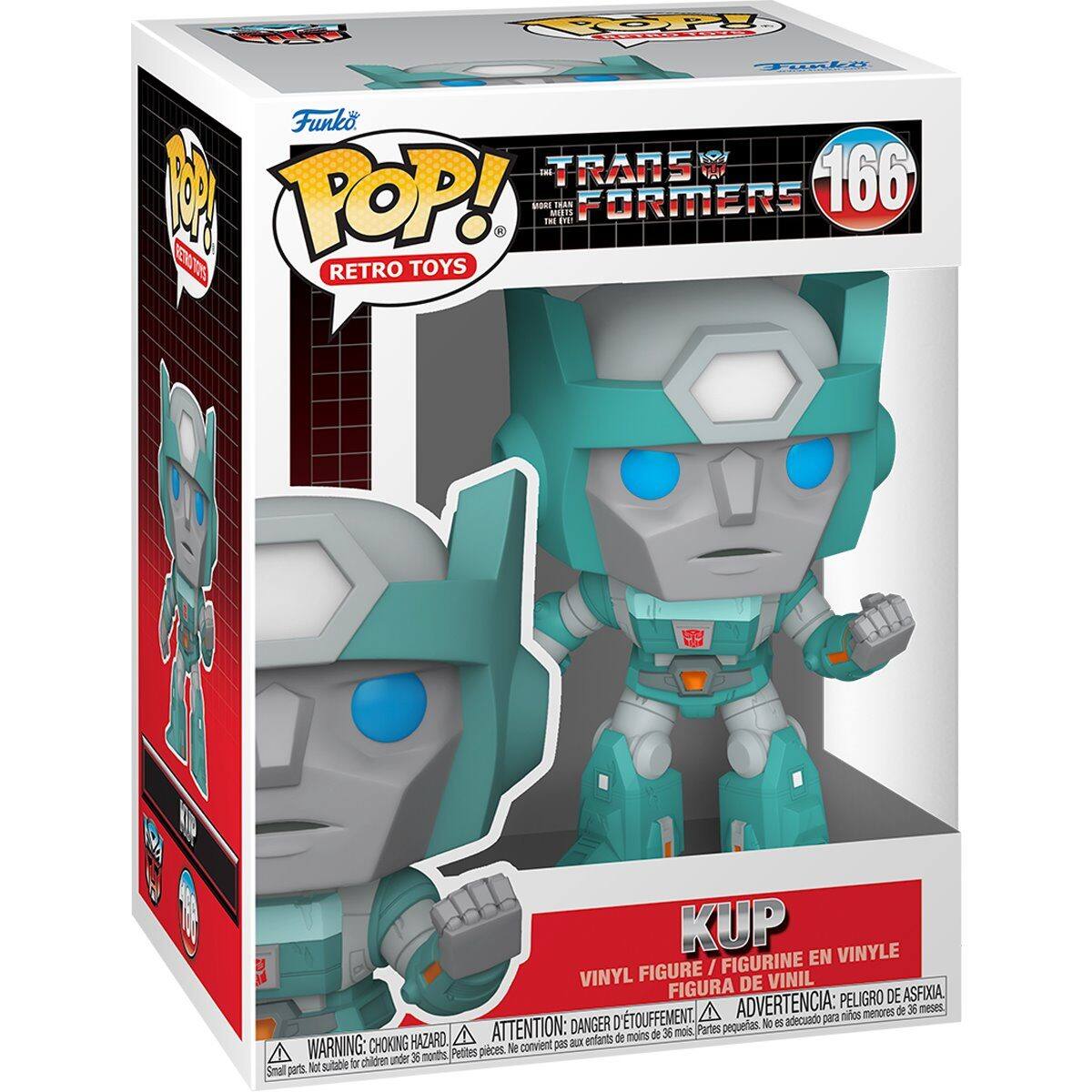 Sure, here is the corrected and grouped text from the image:

---

**Funko POP! RETRO TOYS**

**TRANSFORMERS**  
**166**

**KUP**  
**VINYL FIGURE / FIGURINE EN VINYLE / FIGURA DE VINIL**

**WARNING: CHOKING HAZARD**  
**ATTENTION: PELIGRO DE ASFIXIA**  
**ADVERTENCIA: PEQUERIAS**  
**DANGER: PETITES PIECES**  
**Not suitable for children under 36 months**  
**No convient para niños menores de 36 meses**  
**Peut être dangereux pour les enfants de moins de 36 mois**  
**Pequeñas piezas, no conviene para niños menores de 36 meses**

---

This text is grouped and corrected for clarity.
