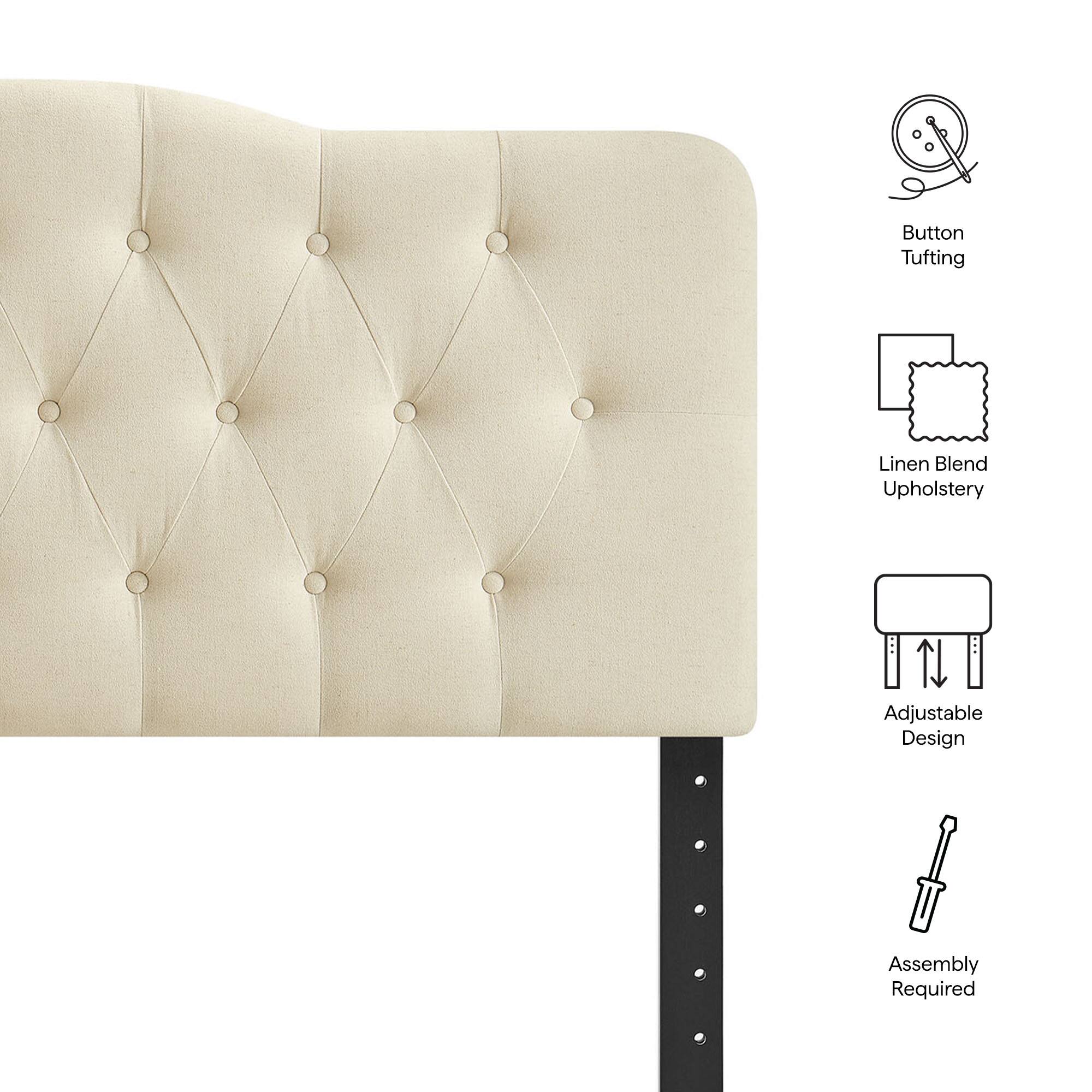 Button Tufting  
Linen Blend Upholstery  
Adjustable Design  
Assembly Required