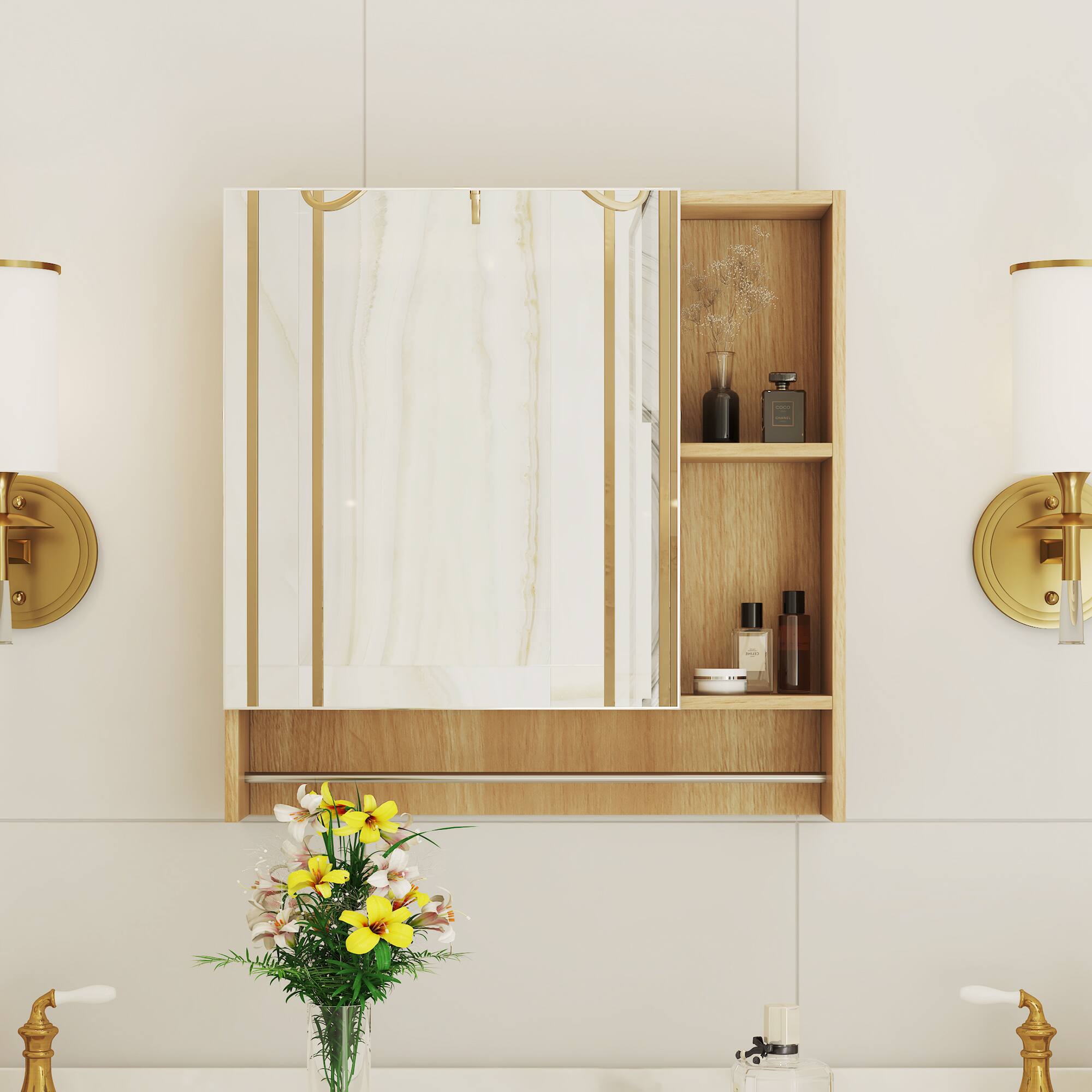 Left. TinyHomie - Bathroom Mirror Cabinet Wall Mounted Medicine Cabinet Over The Toilet Storage Cabinet with Shelves and Towel Rack - Brown.