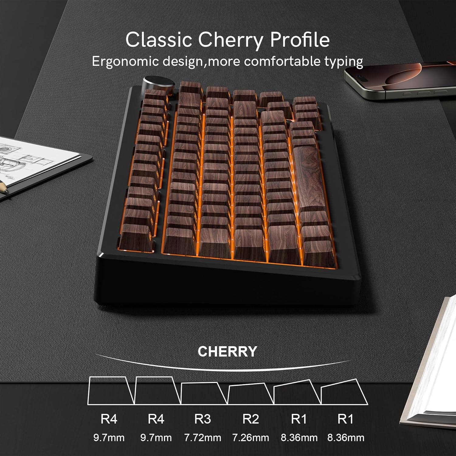Classic Cherry Profile  
Ergonomic design, more comfortable typing  

CHERRY  
R4 9.7mm  
R4 9.7mm  
R3 7.72mm  
R2 7.26mm  
R1 8.36mm  
R1 8.36mm