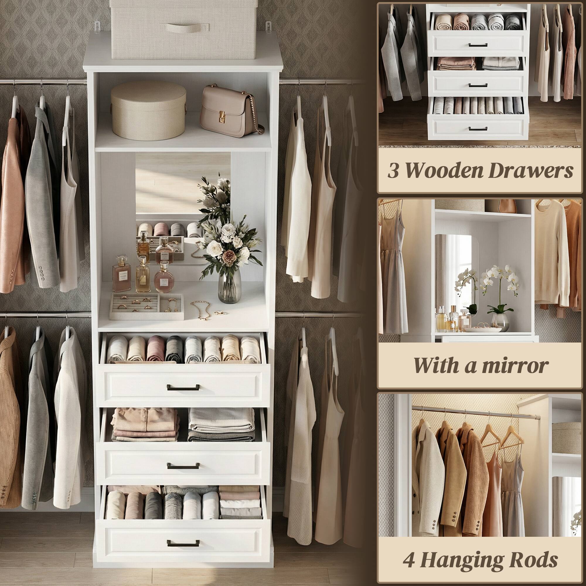 3 Wooden Drawers  
With a mirror  
4 Hanging Rods